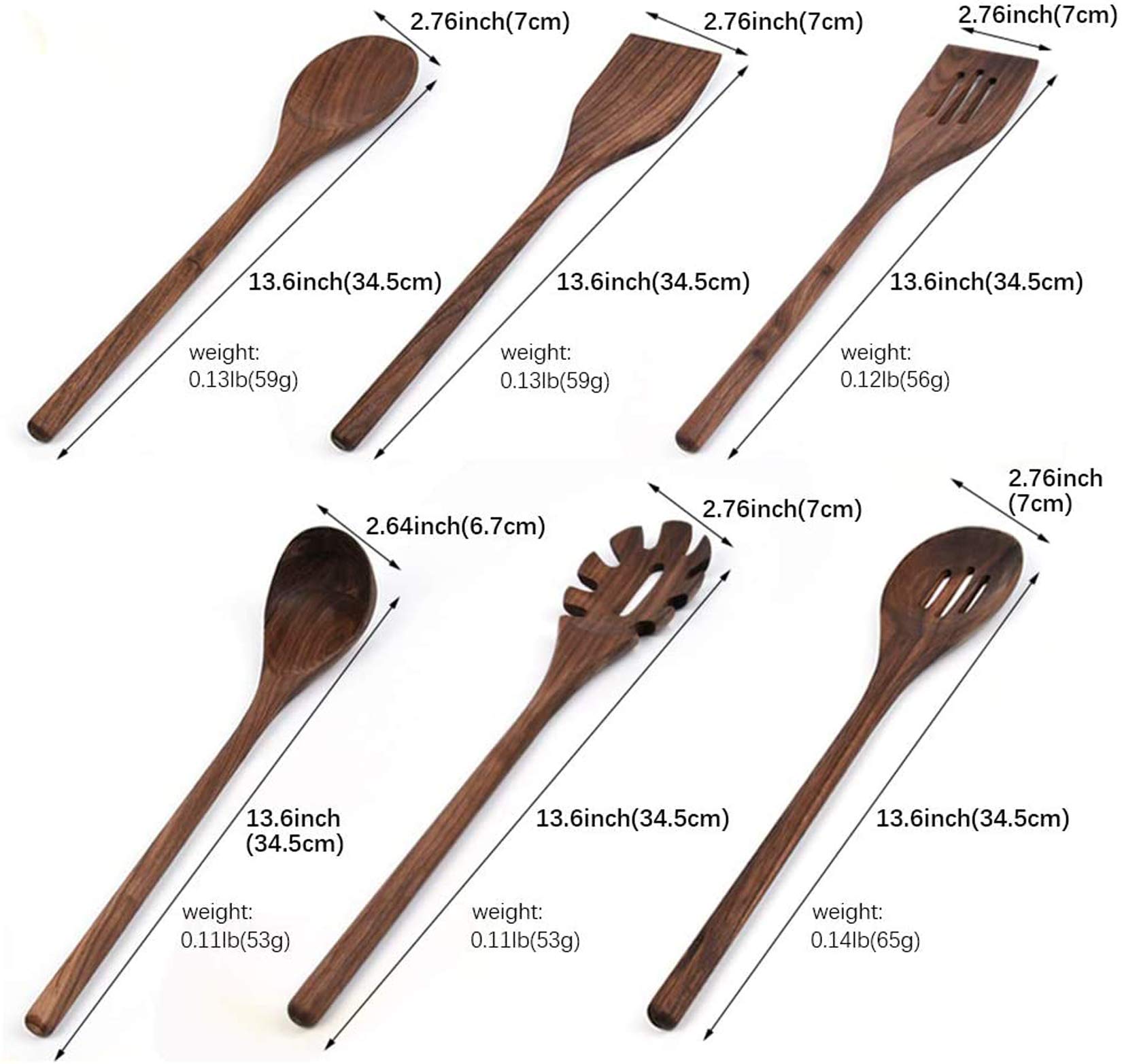 Set di 6 utensili da cucina in legno di noce nero, con manico lungo e spatola, per cucinare, resistenti al calore, antiaderenti