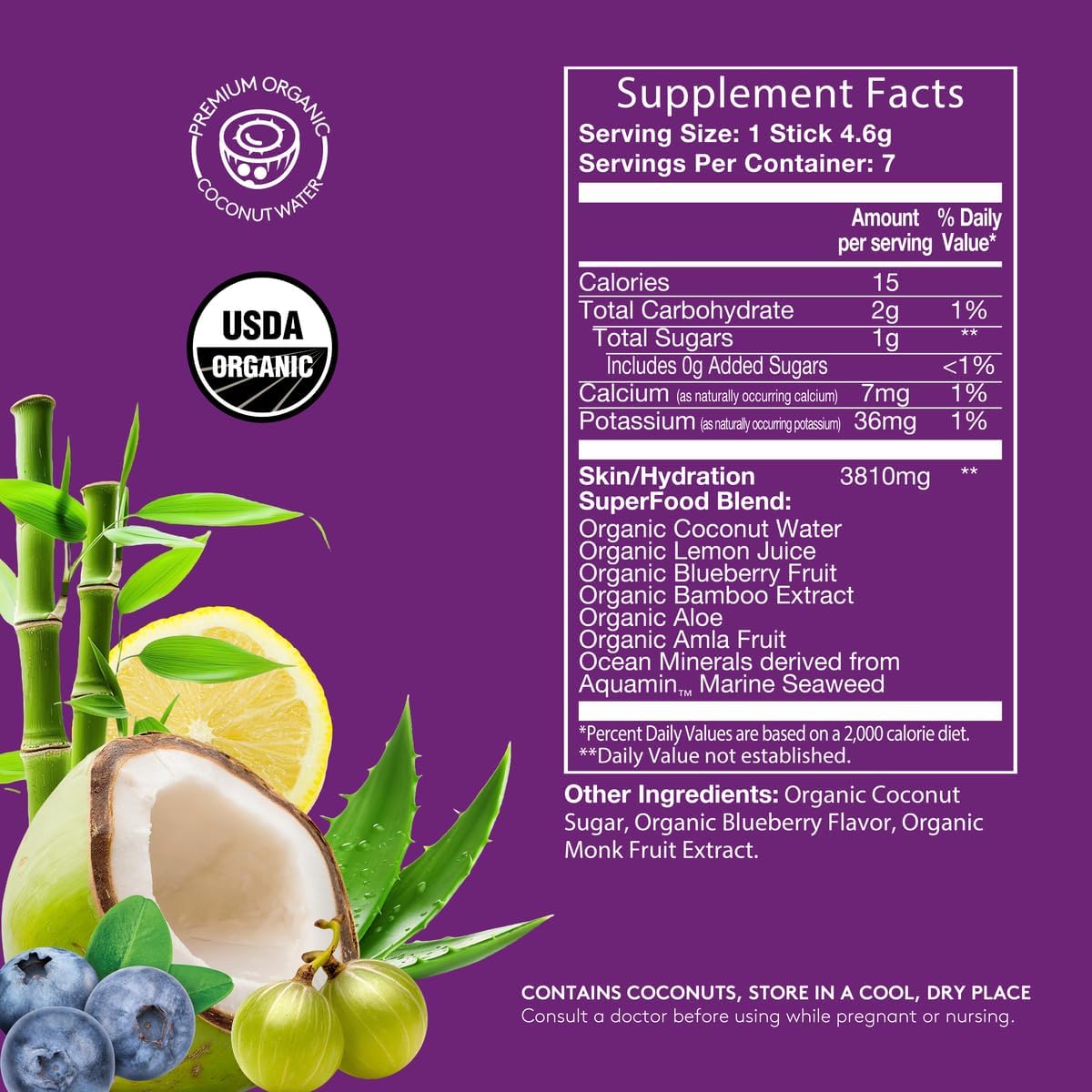 Sol-ti Organic Electrolyte Skin + Hydration Drink Mix, Superfood Hydration Sticks, SuperStix, Non-GMO, Vegan, Blueberry Lemon, 14 Single-Serving Sticks
