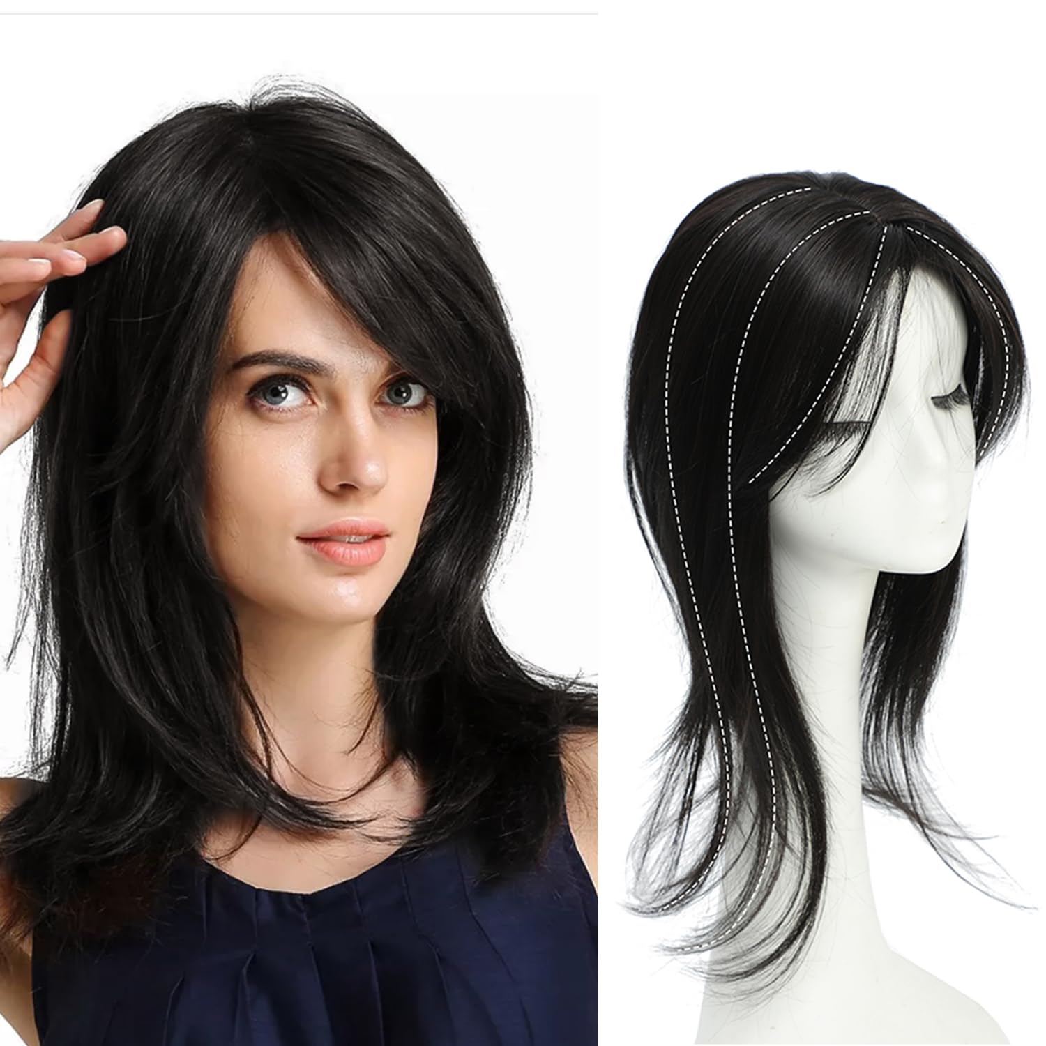 UDU Hair Toppers for Women for Thinning Hair Synthetic Hair Toppers Hair Pieces for Women Ladies Muti-layer Long Straight Wavy Clip in Wiglets with Fringe bang