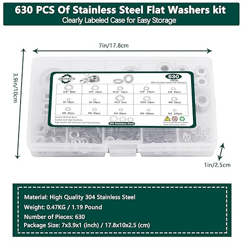 Miniatura 7 de Juego surtido de arandelas planas de acero inoxidable 304, 630 piezas SAE+métricas de 15 tamaños para tornillos y pernos (M2-M12, 6#-12)