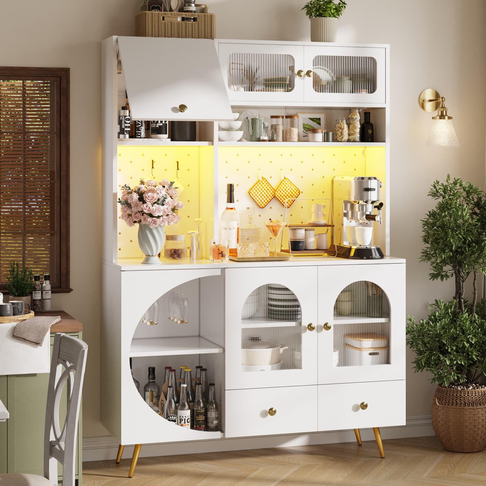 Buffet Haut de Cuisine,Armoire de Salon Moderne,Buffet Salle a Manger,Meuble de Rangemen avec Prises électriques et éclairage LED,120x40x176cm (Blanc-A)
