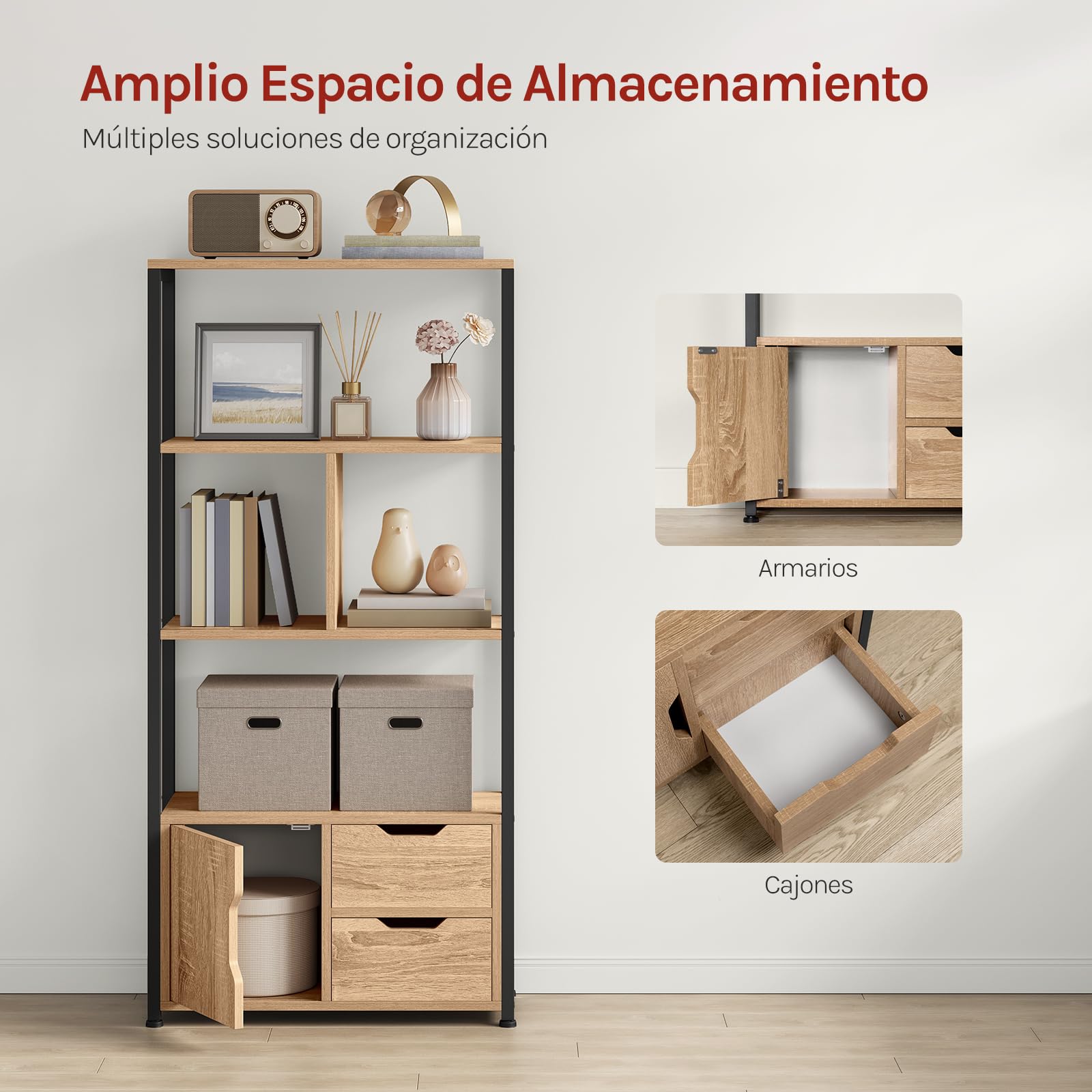WOLTU Estantería Alta Independiente de Pie para Libros | 4 Baldas, con Armario y Cajones, Estante Industrial de Escalera de Flores de MDF y Metal, 58x24x120cm, Roble Claro