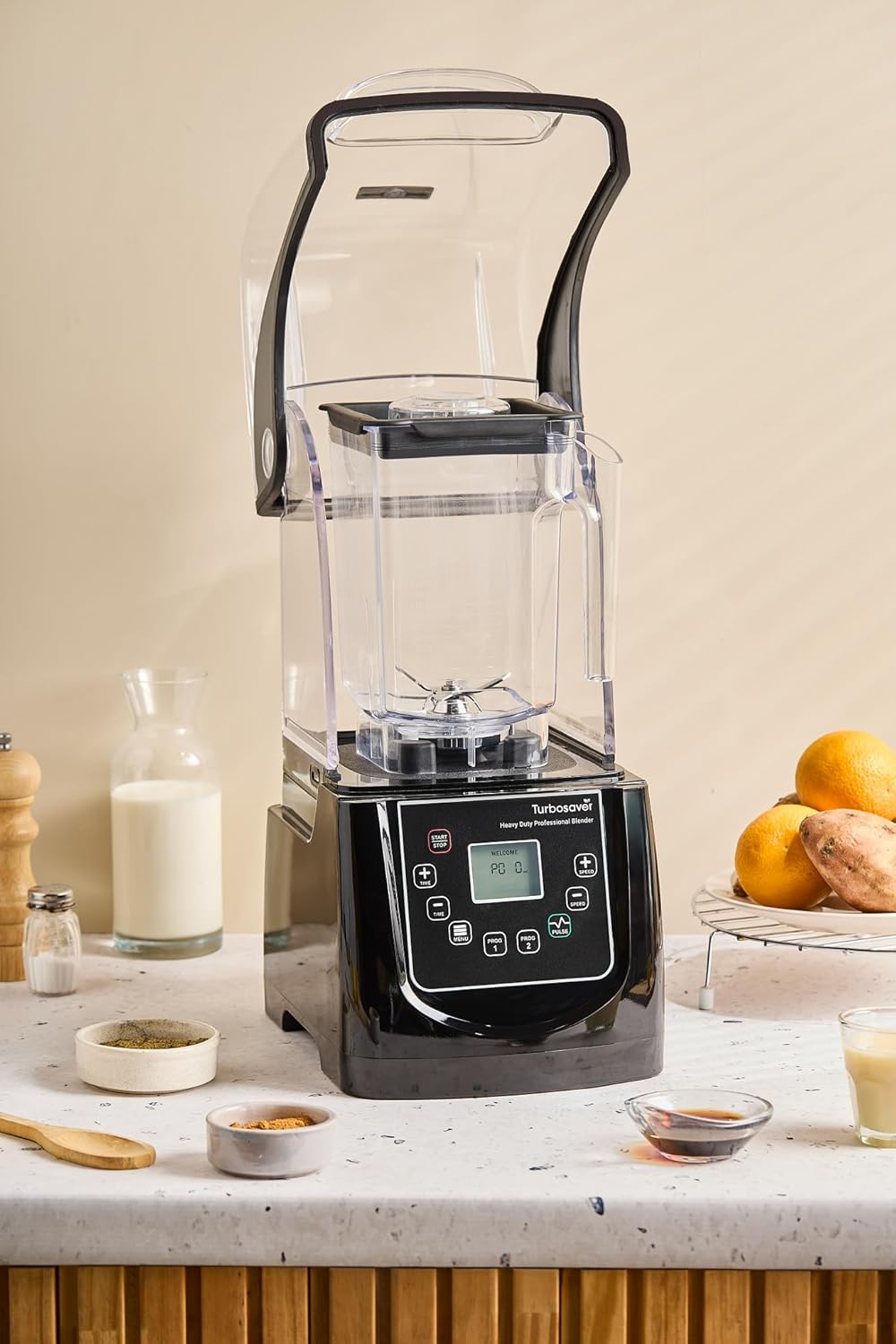 Turbosaver TB-020C Commercial Blender with Sound Enclosure, 4HP 2200W Heavy Duty Motor, 51 oz BPA-Free Jar, Digital Touch Panel, Quiet Professional Smoothie & Ice Crusher Blender (Black)