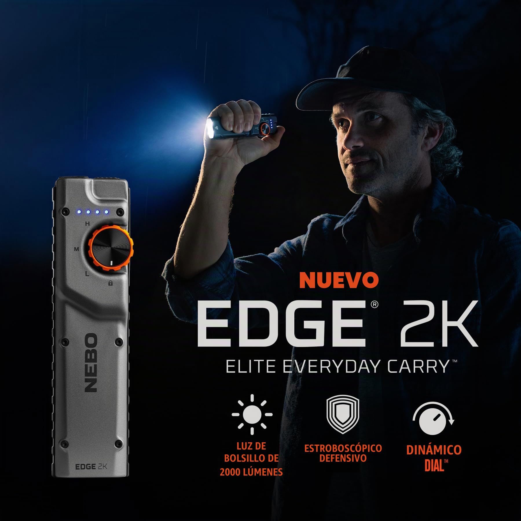 NEBO Edge 2K Linterna EDC Táctica – 2.000 Lúmenes | Dynamic Dial | Botón Trasero Ambidiestro | Estrobo Defensivo | 5 Modos | 25h | IPX6 | Tac-Grip | Clip Bolsillo | USB-C
