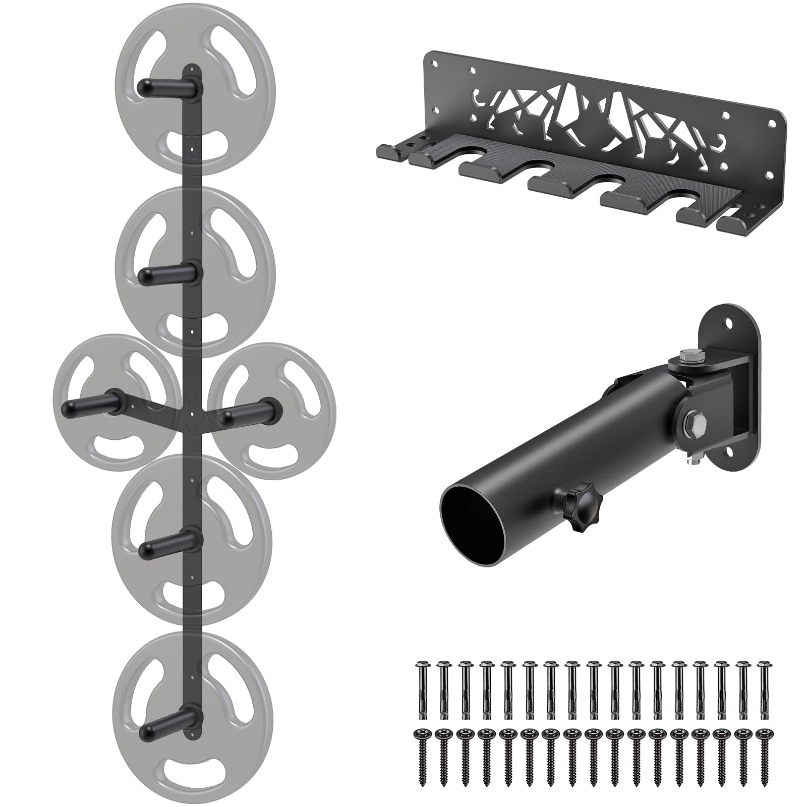 Kipika Gym Organizer Set Wall Mounted Weight Plate Storage Rack (4-Peg and 2-Weight Wing) Barbell Storage Rack with T-Bar Row Landmine Platform Attachment Durable Steel Construction Easy Installation