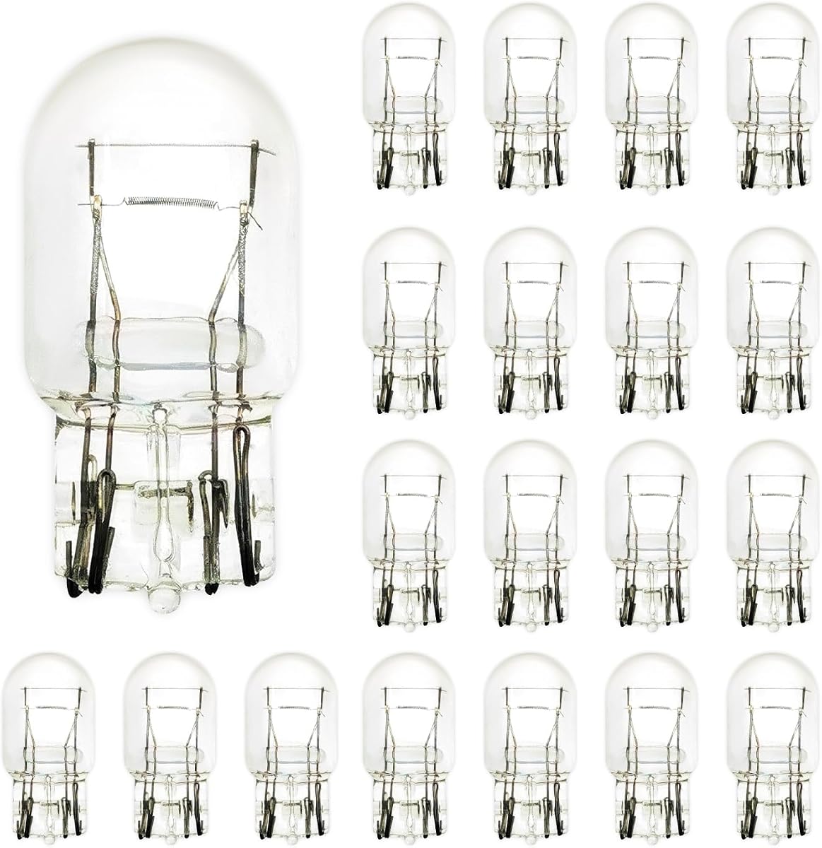 7443 7443LL 7444 W21/5W T20 Brake Tail Light Bulbs, Clear, 20 Pack | Bulk automotive replacement lamps for daytime running light, DRL, parking and turn-indicator sockets; ideal for shop stock.