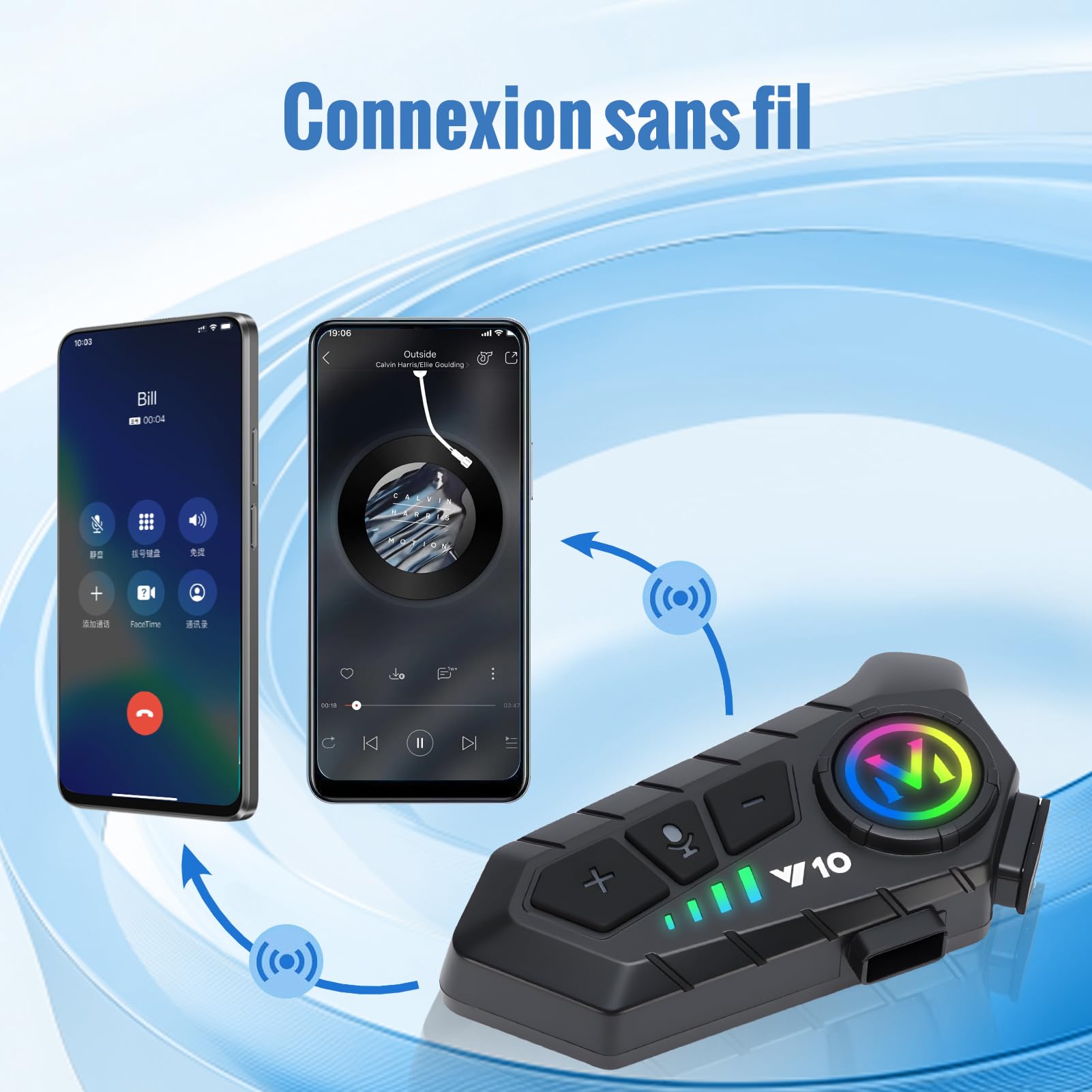 5.3 Écouteurs Casque Intercom de Moto, Kit Bluetooth Main Libre Moto sans Fil, Port Charge Type C, Réponse Automatique et Annulation Double Bruit