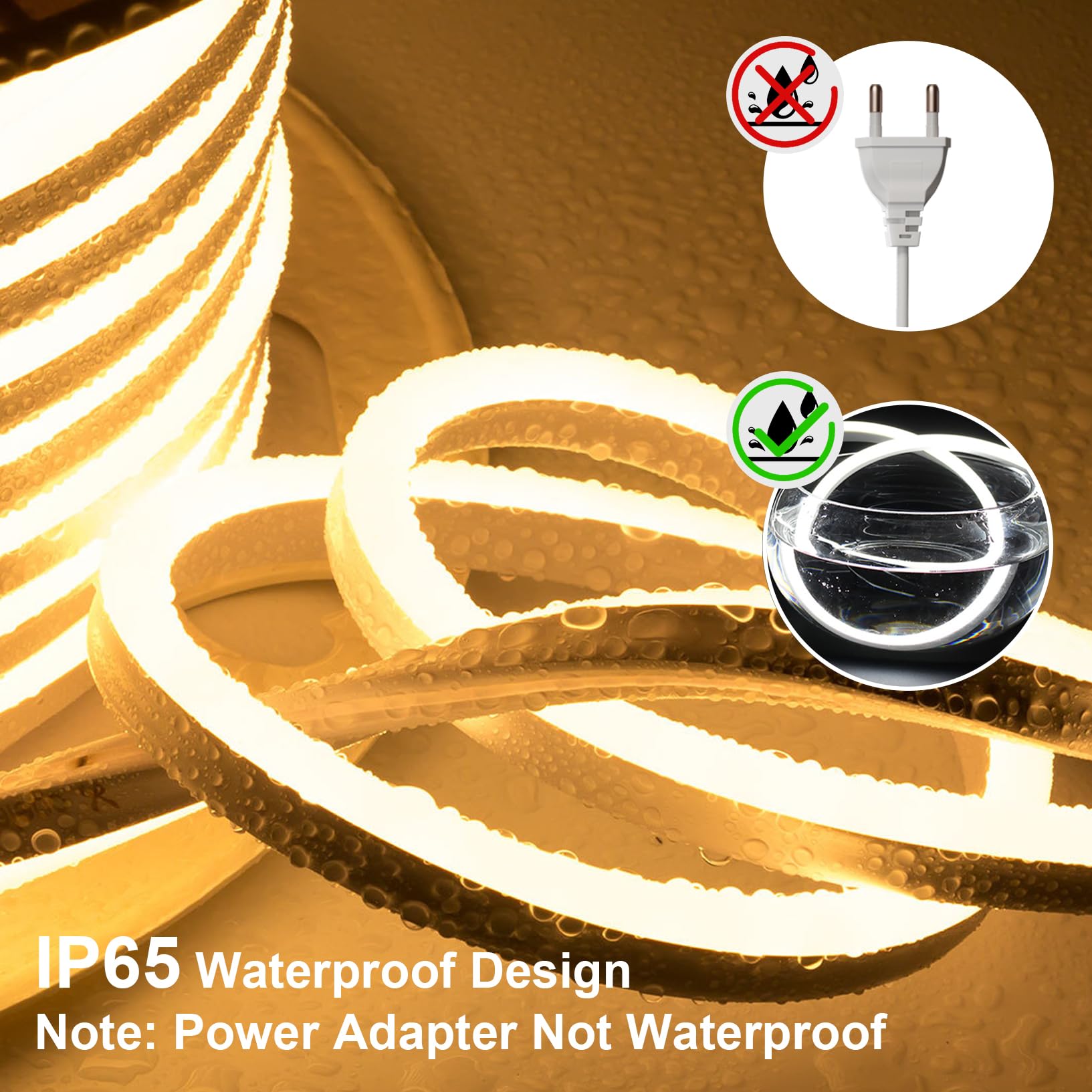 SUCIKORIO Neon Led Strip Lights 50ft / 15m Warm White 3000K Waterproof IP65 Flexible LED Light Strip AC 110-120V Led Lights for Bedroom, Indoor & Outdoor, Power Adapter Included