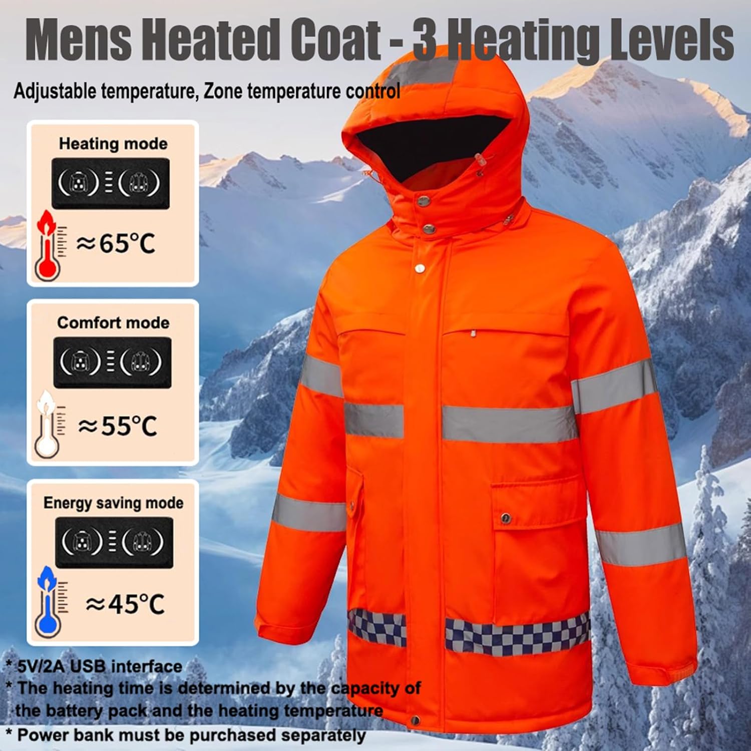 USB Heated Jacket Women,8 Heating Zones,High Visibility Safety Jackets for Men,Waterproof Reflective Coat(No Battery)