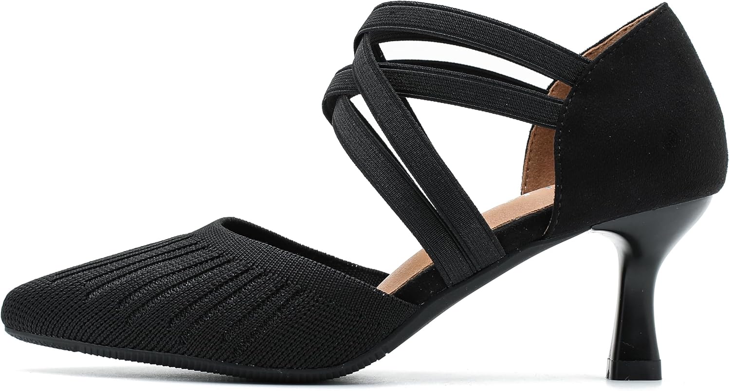 Women's Pointed Toe Kitten Heel Pumps, Elastic Cross Strap, Knit Slip On Dress Shoes
