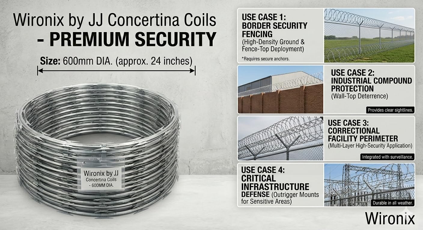 WIRONIX BY JJ Concertina Coils 600 MM Dia for boundry Wall and Property Safety Fencing Wires for Security Use in Border Security | Openable 6 Meters Approx. 50 Rounds