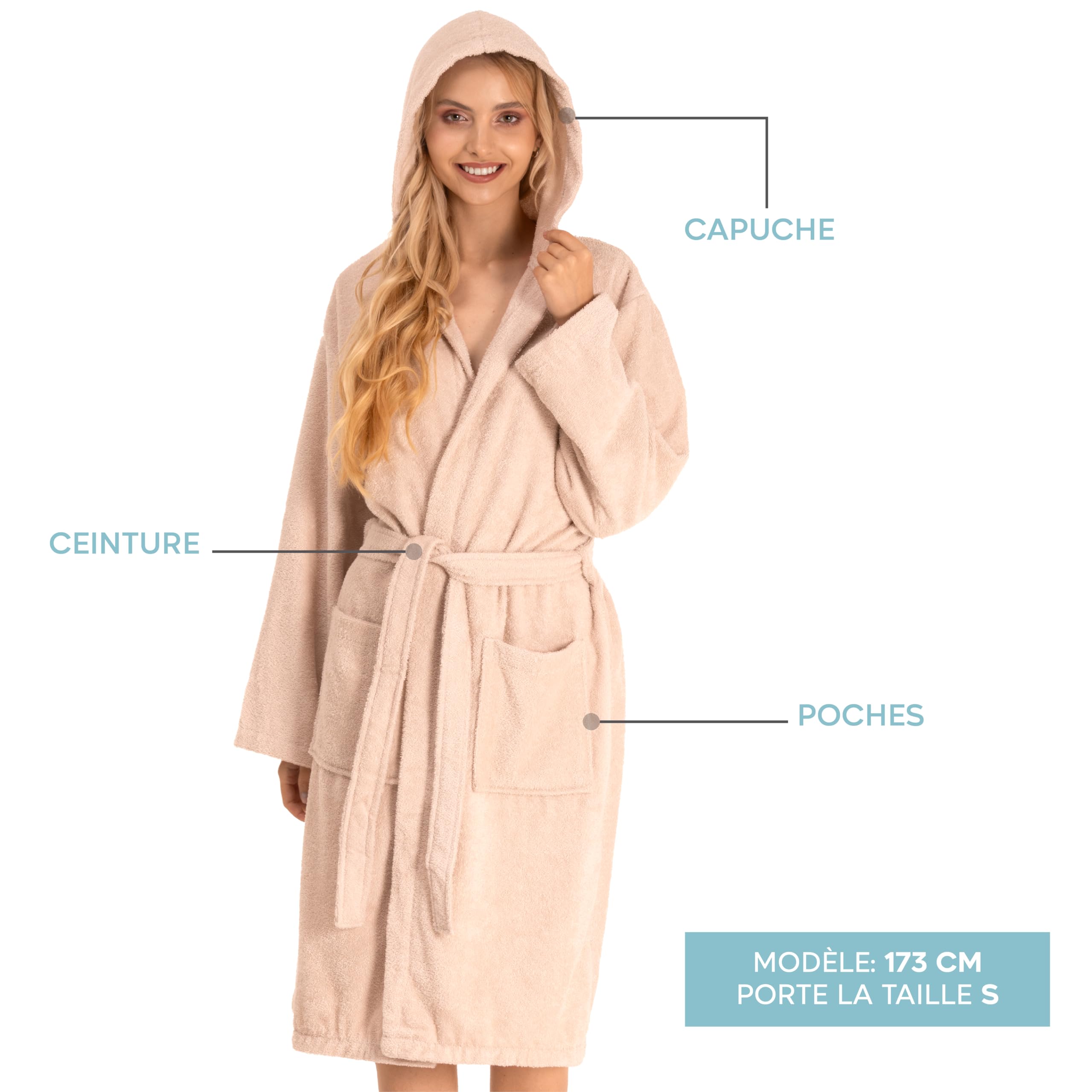 Twinzen Peignoir de Bain Femme - XS, S, M, L, XL - 100% Coton avec Capuche - Certifié OEKO-TEX® - Robe de Chambre Eponge 2 Poches, Ceinture - Doux, Absorbant et Confort