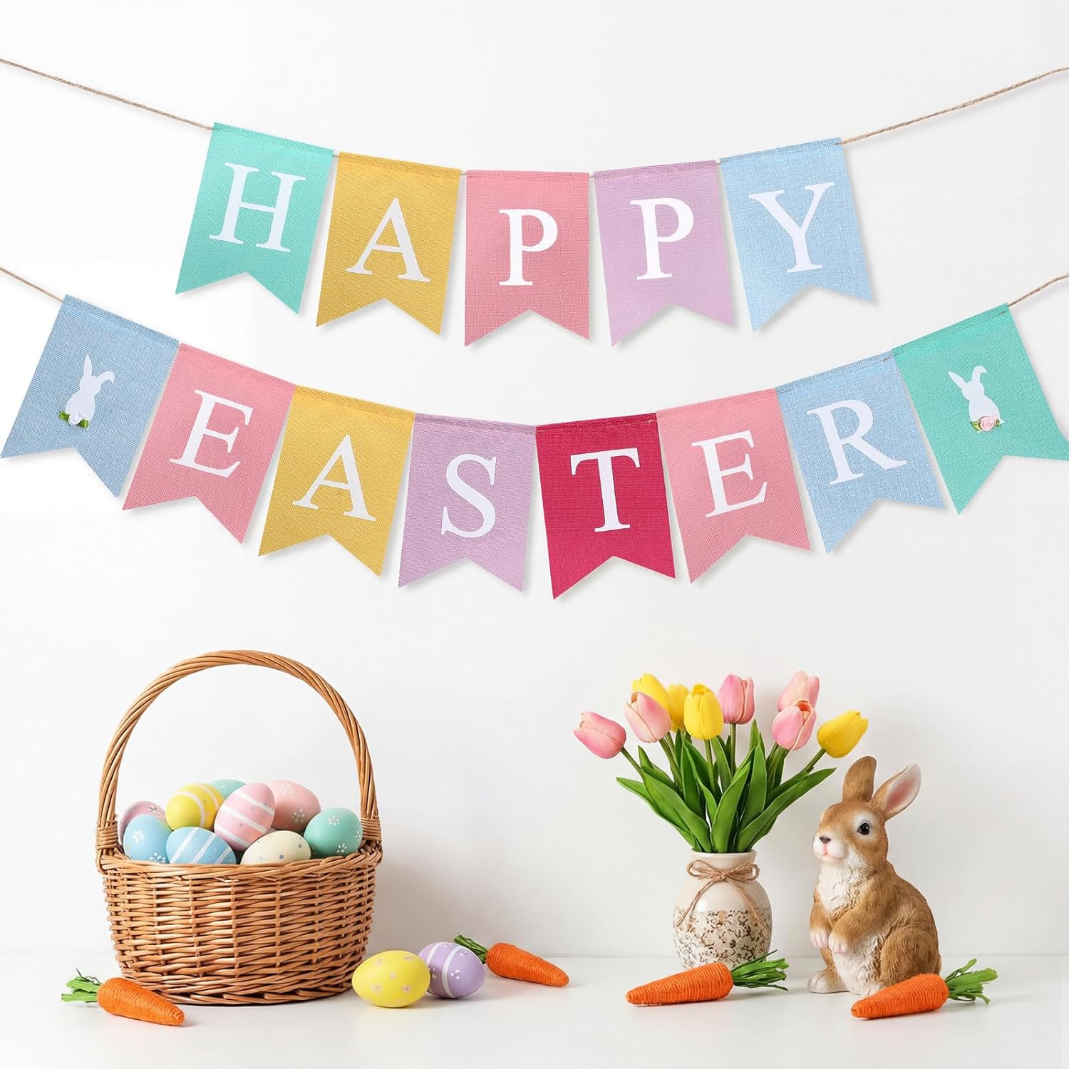 Tatuo 2pcs Happy Easter Banner Burlap Easter Bunting Garland Decorations Rabbit Colorful Burlap Garland for Fireplace Home Office Indoor Outdoor Spring Themed Party Favors Supplies