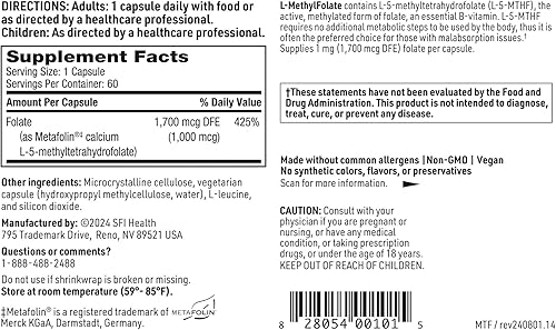 Miniatura 5 de Klaire Labs SFI Health L-metilfolato - 1000 mcg de folato altamente biodisponible, hipoalergénico, 1000 microgramos (1 miligramo) metafolina