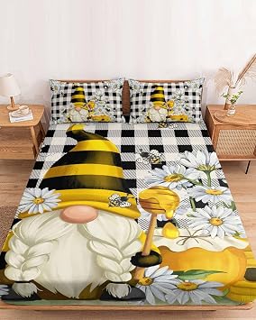 Bedding California King Size Fitted Sheets Fit 5"-16" Deep Pocket Mattress,Gnome Country Diasy Floral Soft Bottom Sheet Black White Plaid Checker Fitted Sheet Bed Set with Pillow Case
