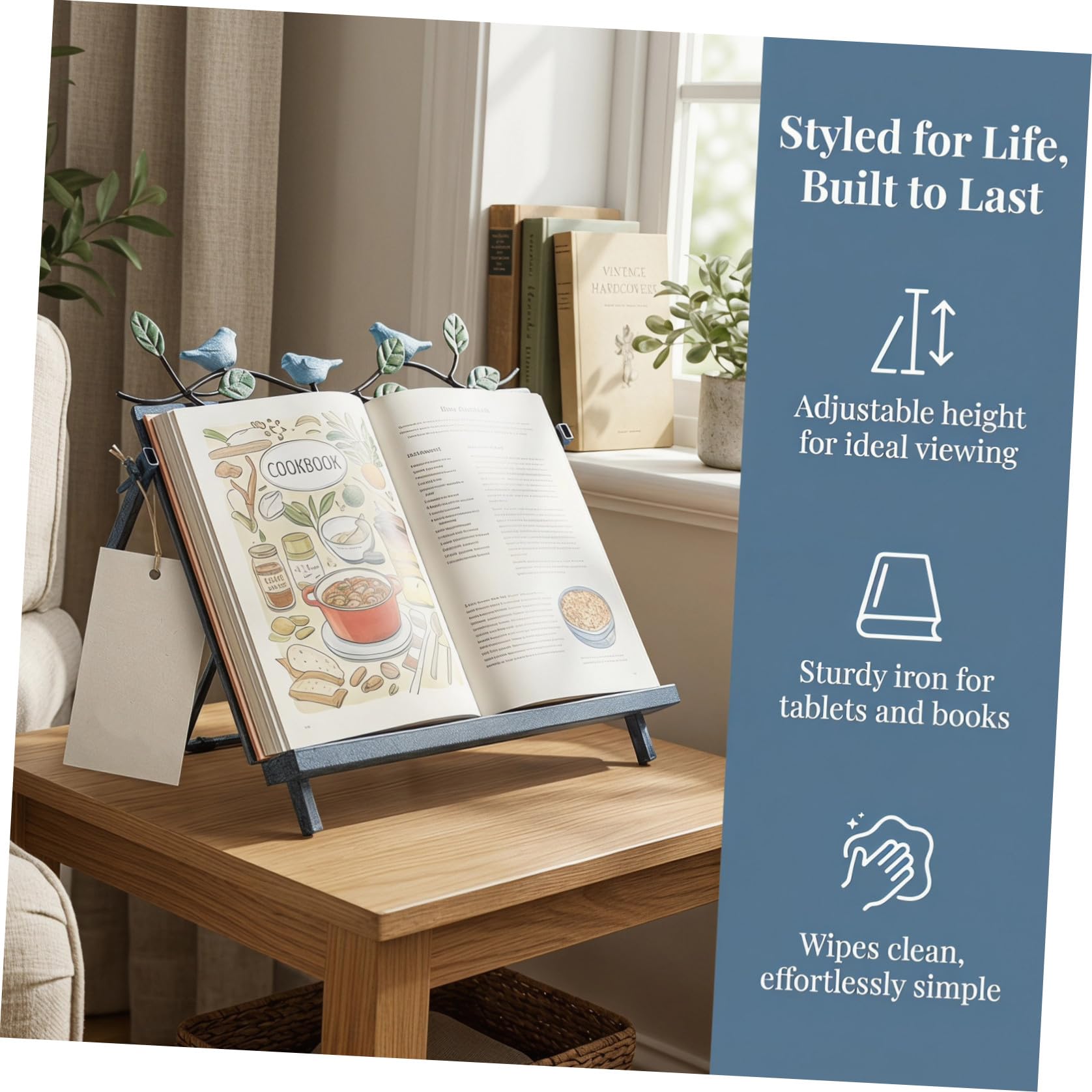 Soporte de Lectura de Hierro Azul para Escritorio y Libros | Ángulos Ajustables, Estable y Fácil de Limpiar, Estilo Clásico Minimalista para Cocina, Textos, Revistas