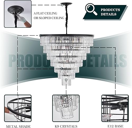 Miniatura 6 de brfaixla Candelabro de cristal negro de 7 niveles con 22 luces de lujo de 35.46 pulgadas, moderno y contemporáneo de cristal, iluminación de techo,