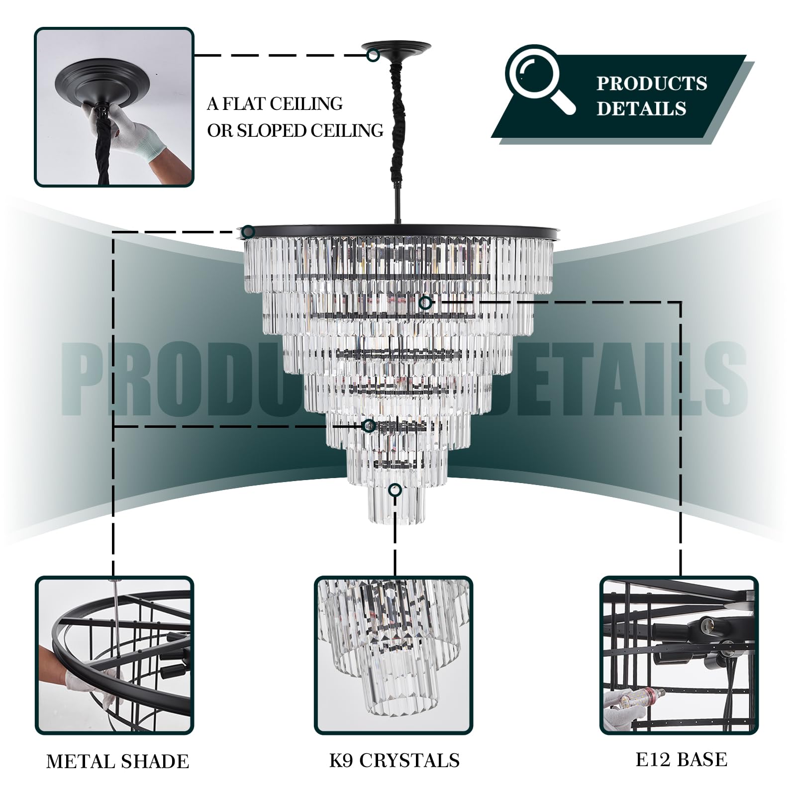 brfaixla 7-Tiers 22-Light Black Crystal Chandelier Luxury