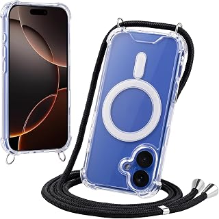 JProtect für iPhone 16 Plus Hülle mit Band und MagSafe – Magnetische Handykette für iPhone 16 Plus Magnet – Durchsichtige Umhängehülle Band Schwarz – Kette Handyhülle für MagSafe Zubehör