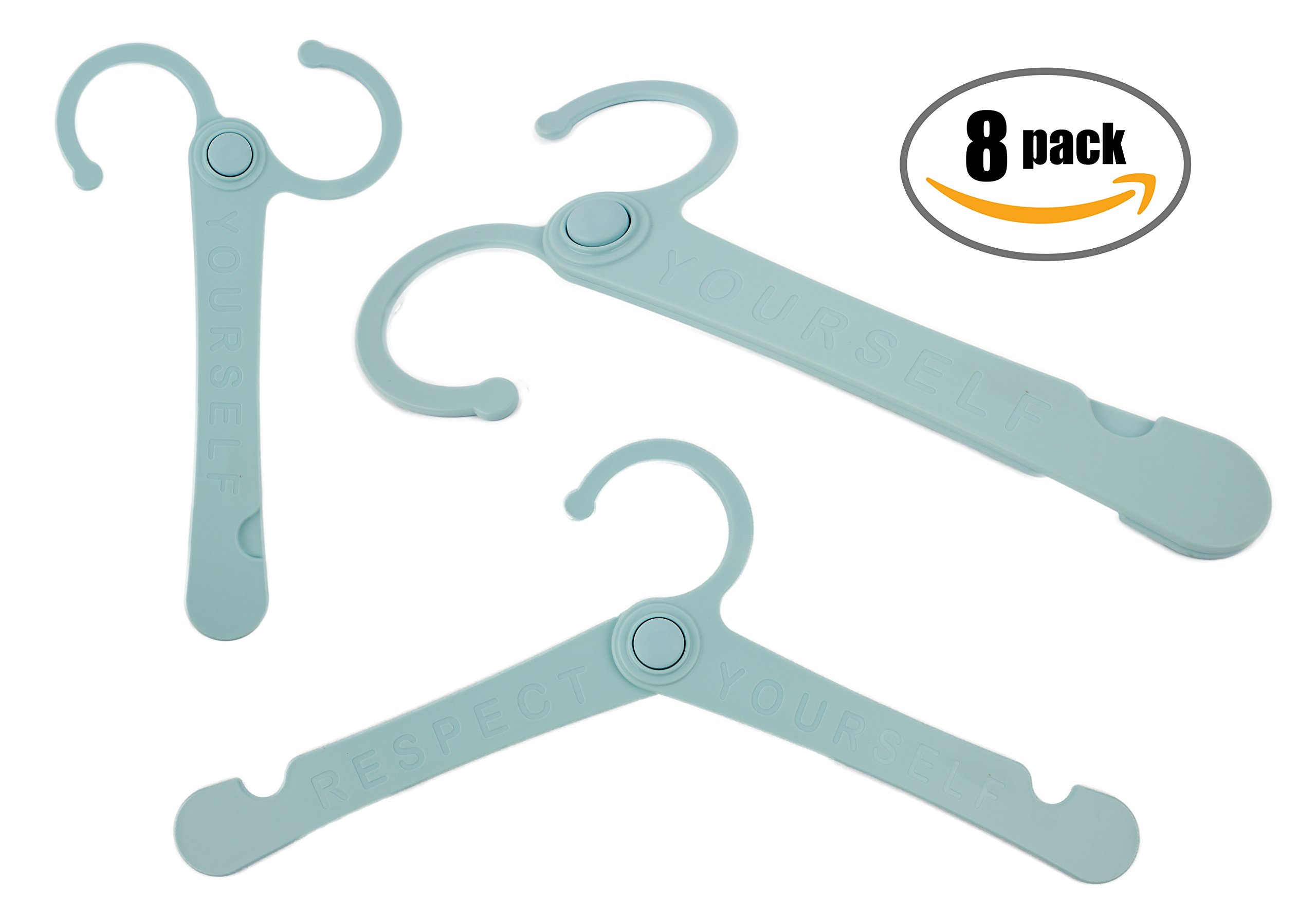 Push Button Foldable Clothes Hangers for Home and Travel Heavy Duty Plastic Clothes Organizer Various Colors 2 Sizes Set of 8 (For Adult, Pastel Blue)