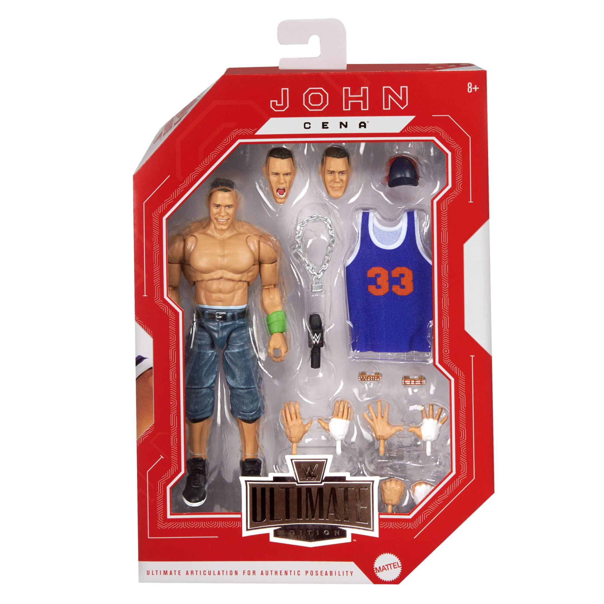 Mattel WWE Ultimate Edition John Cena Figura de acción de 15,24cm y conjunto de accesorios, más de 10piezas, incluye cabezas y manos intercambiables, JCX42