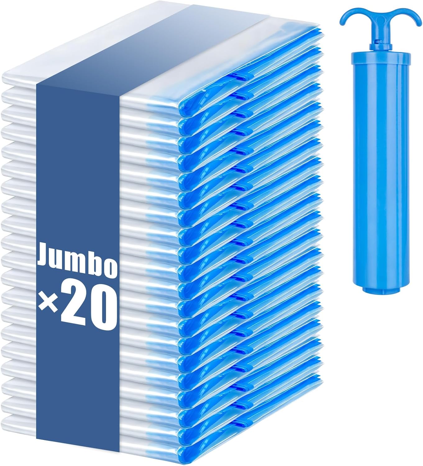 20 Jumbo Vacuum Storage Bags, Vacuum Seal Bags for Clothing Space Saver Compression Storage Bag with Hand Pump Extra Large for Clothing Travel Comforters Blankets Pillow Bedding Duvets Clothes