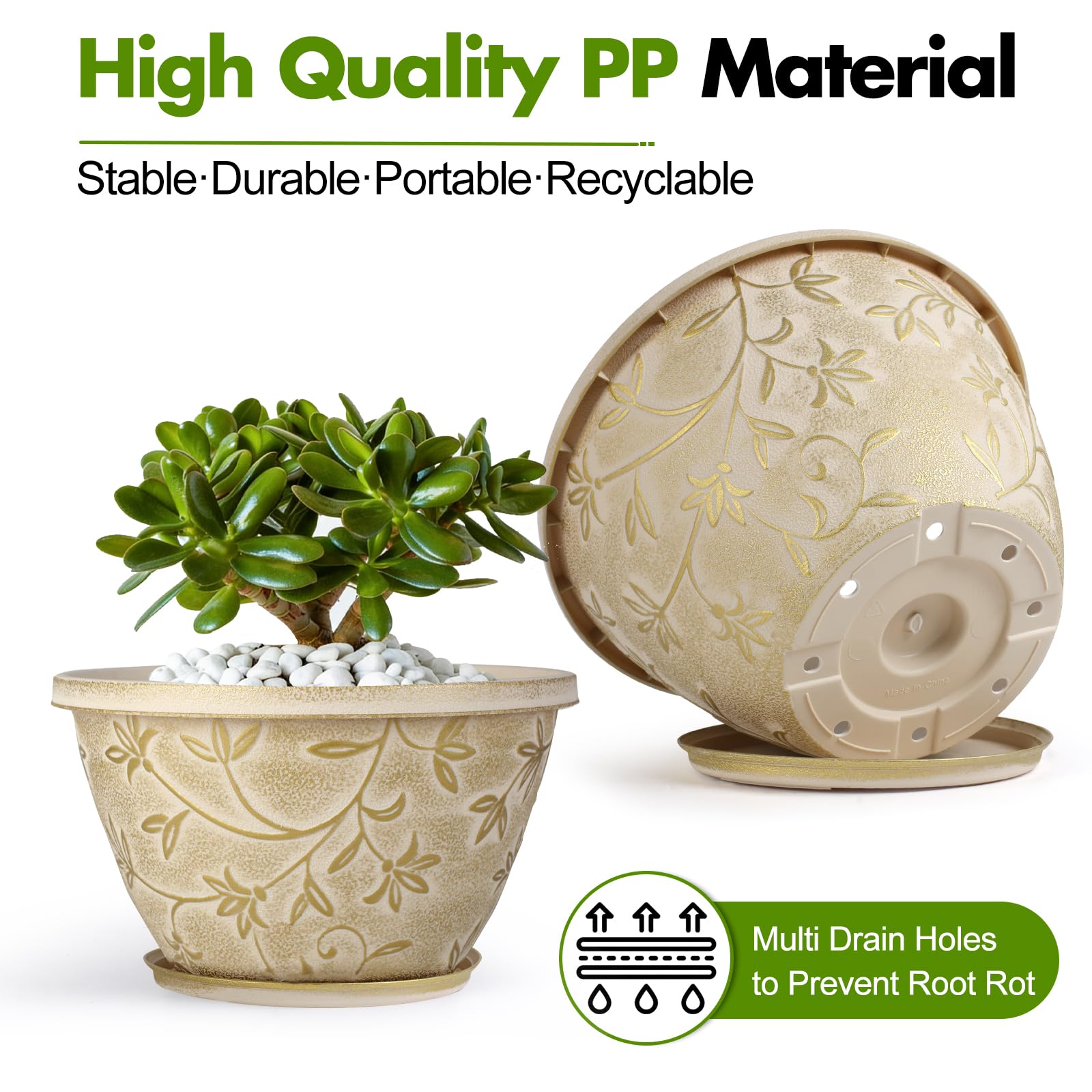 Nooulap Maceta de 8 pulgadas con agujero de drenaje, paquete de 4 macetas de plástico para plantas de interior y exterior, maceta pequeña decorativa para escritorio, balcón y jardín (beige)