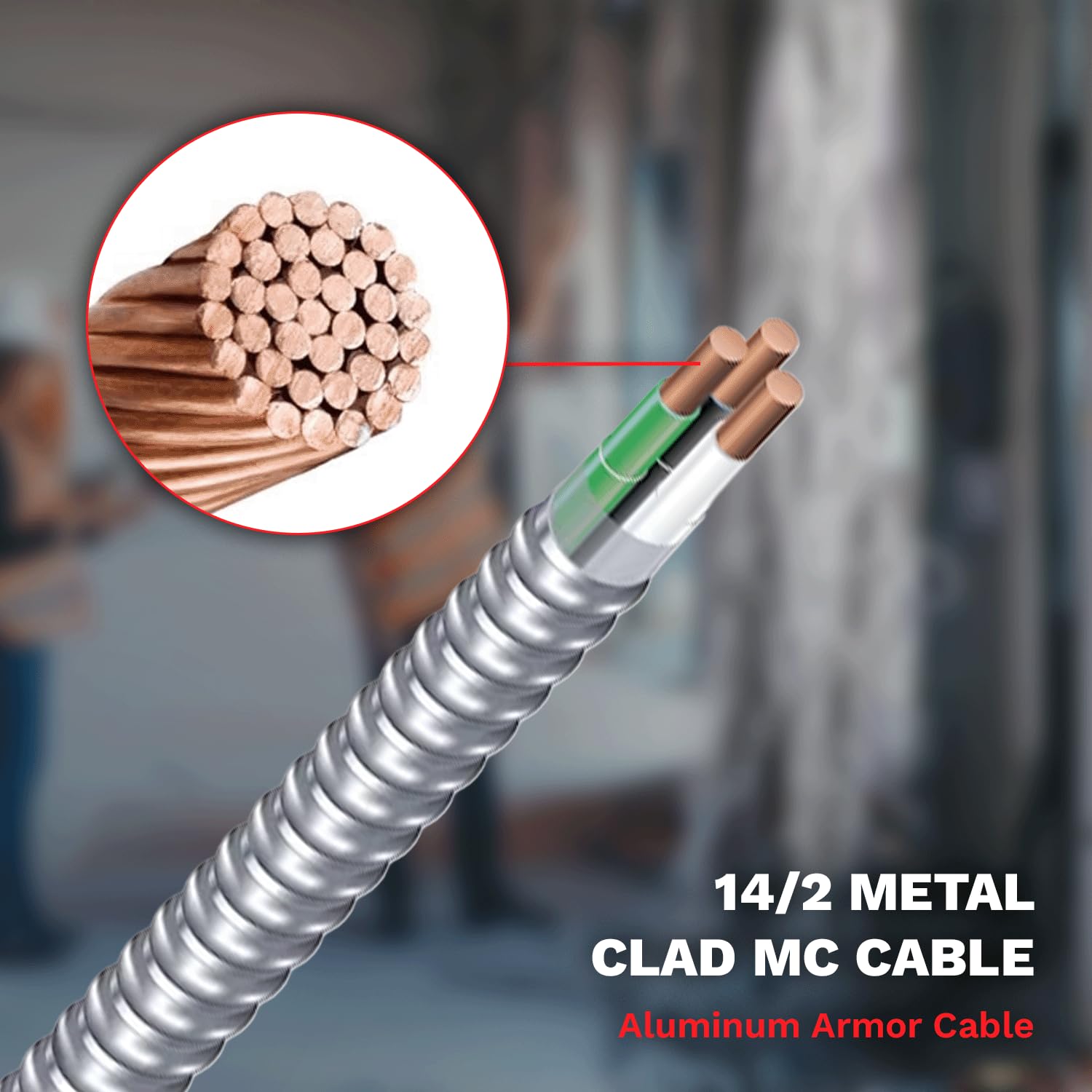 14/2 Metal Clad MC Cable 14 Gauge 2 Conductor Electric Wire with Aluminum Armor Cable with Ground for Indoor Outdoor (250 FT)