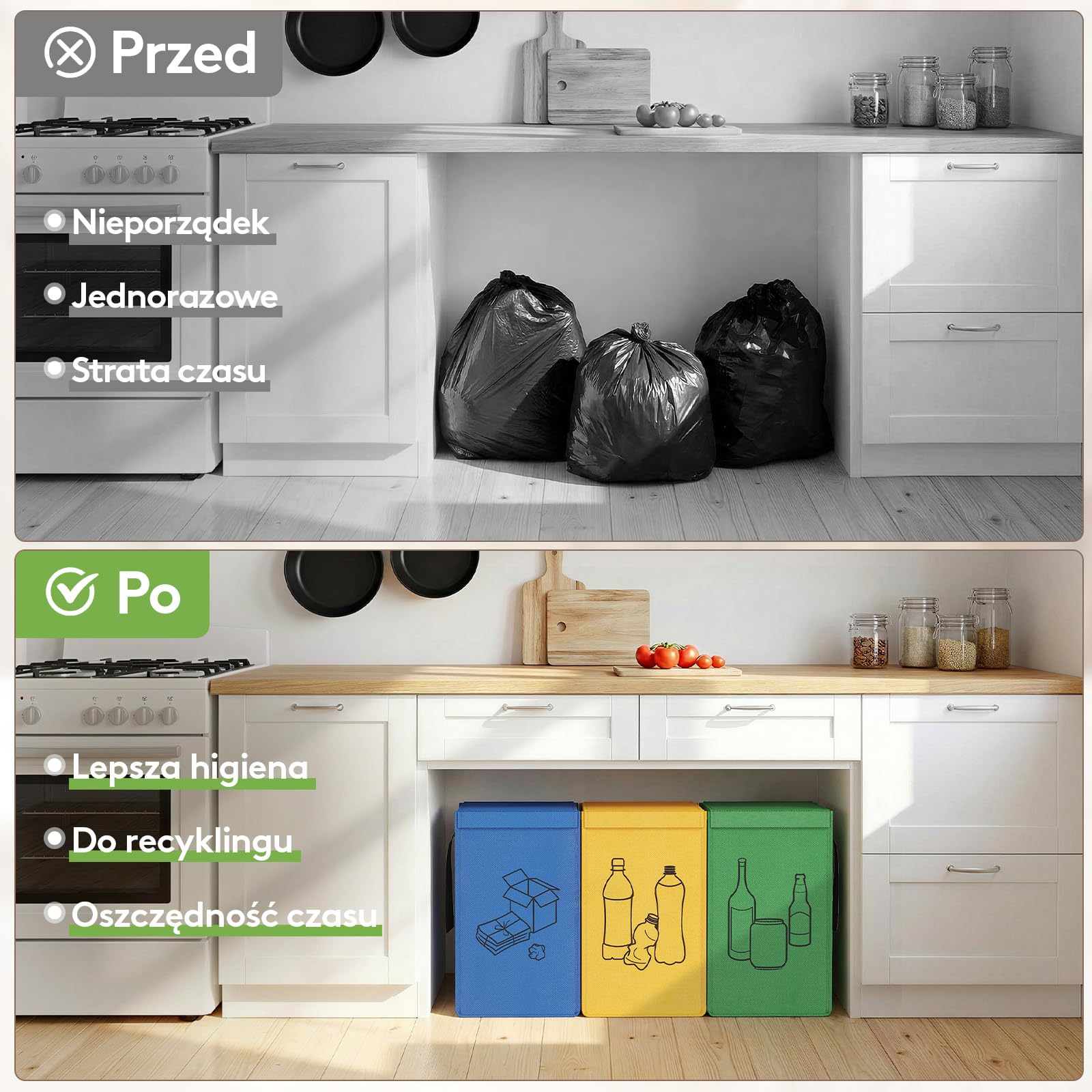 Lifewit System segregacji śmieci z pokrywką, pojemnik na odpady i butelki na kaucję, 3 przegródki na papier, szkło i plastik, recykling, 3 x 45 l, łatwe opróżnianie