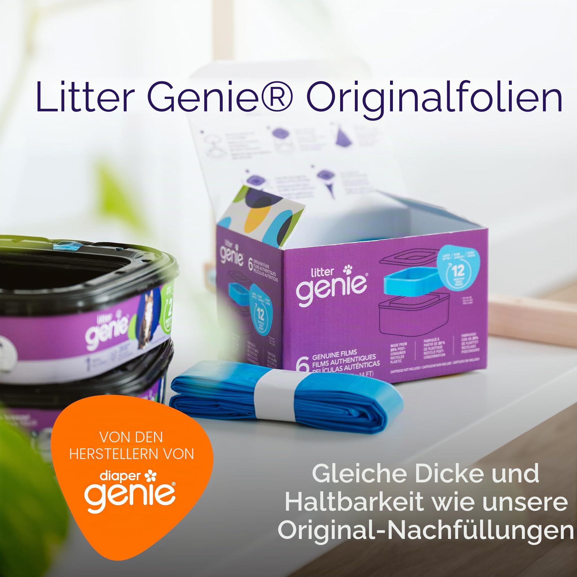 Litter Genie Nachfüllbeutel, freistehend, echte Folie, kompatibel mit Litter Genie Standard- und Jumbo-Nachfüllpackungen, ultimative Geruchskontrolle, Katzenstreubeutel, bis zu 18 Monate Vorrat für