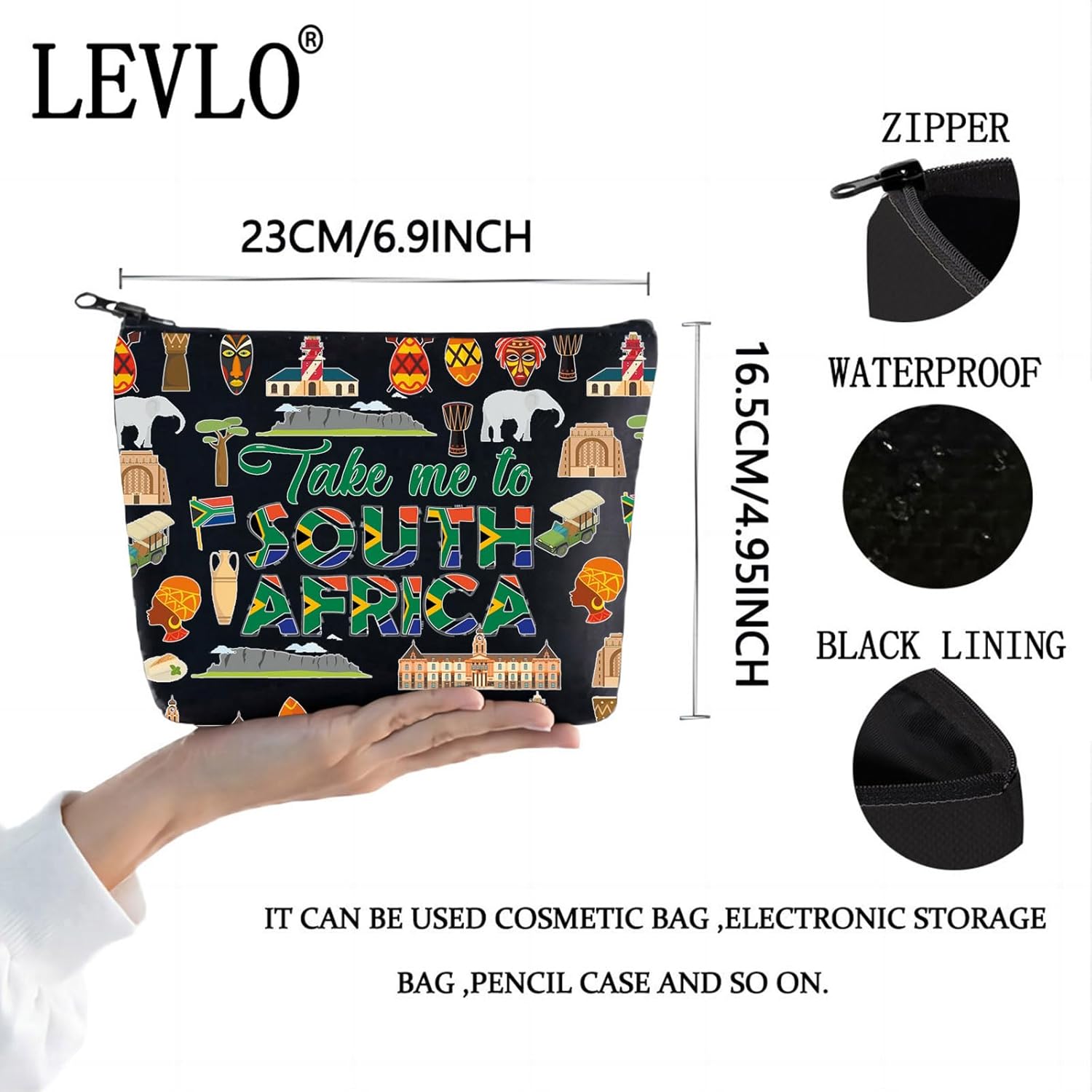 LEVLO South Africa Symbols Travel Cosmetic Bag Multicolor Zipper Pouch Bag For Traveler (South Africa B Bag) - Image 2