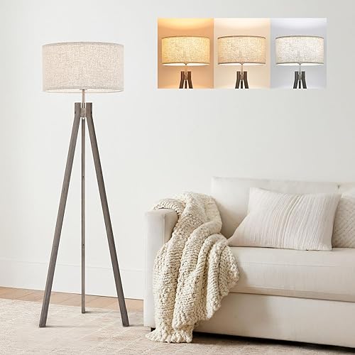 Miniatura 8 de ELYONA Farmhouse Wood Tripod Floor Lamp, Modern Reading Standing Lamp with 3 Color Temperatures LED Blub & Nature Linen Shade, Night Light for Gris