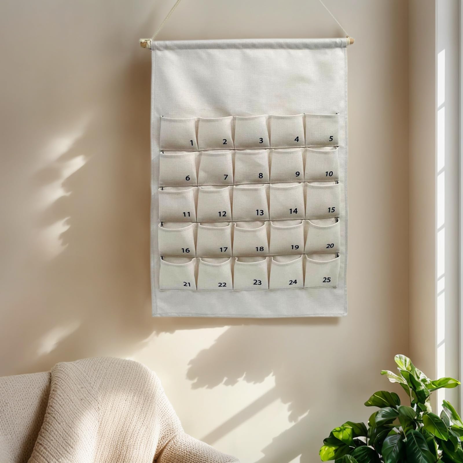 Calendario dell'Avvento natalizio in tessuto con 25 tasche, borsa riutilizzabile per conto alla rovescia naturale, da appendere, borsa riutilizzabile da appendere alla parete per la casa, con 25