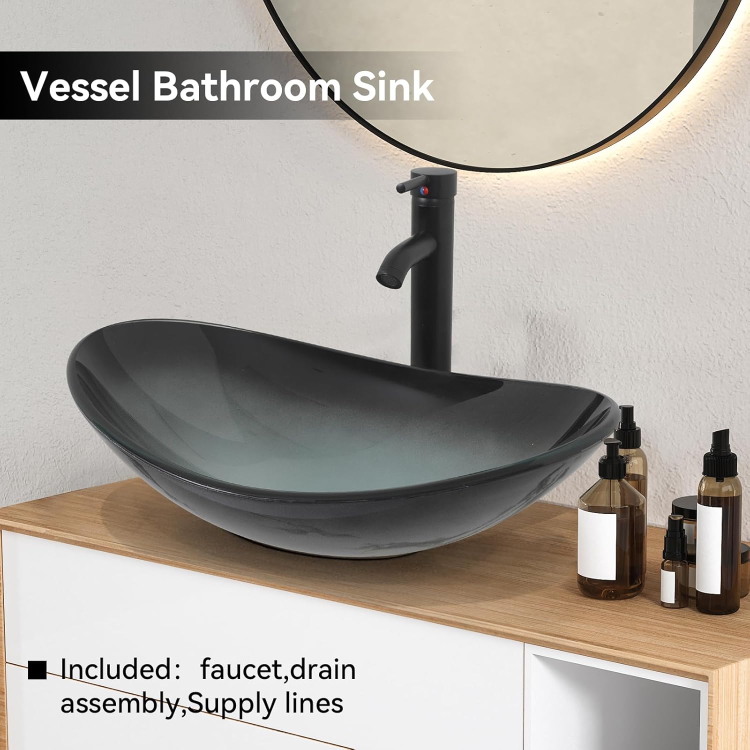 YOURLITE Boat Shape Glass Vessel Sink With Faucet and Pop-Up Drain Bowl for Bathroom, Black White