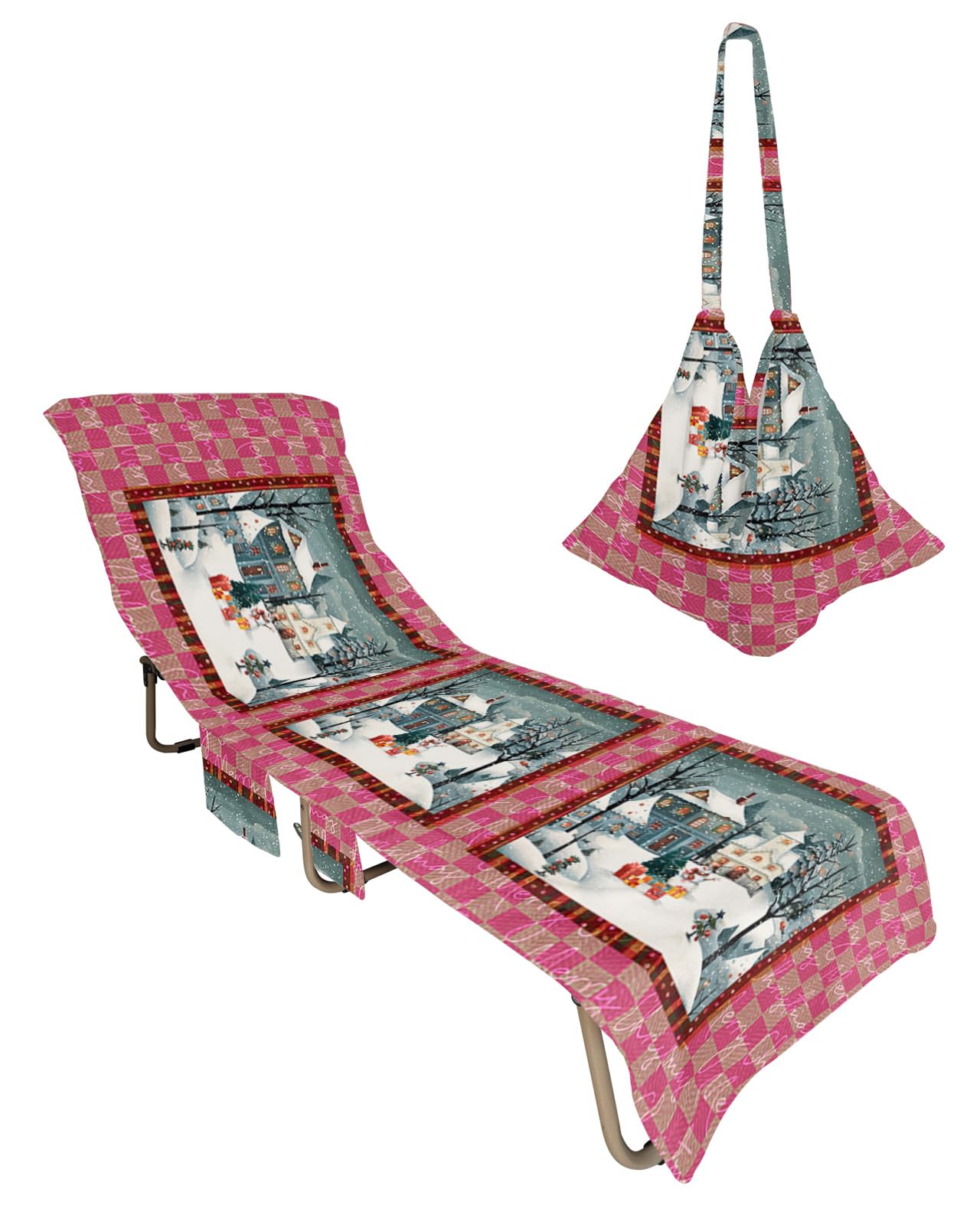 Christmas Beach Lounge Chair Towel Cover, Soft Chaise Lounge Towel with Side Pockets Patio Pool Chairs Cover for Beach/Pool Sunbathing 29x85 Xmas Snowman Winter Snowflake Tree Pink Plaid