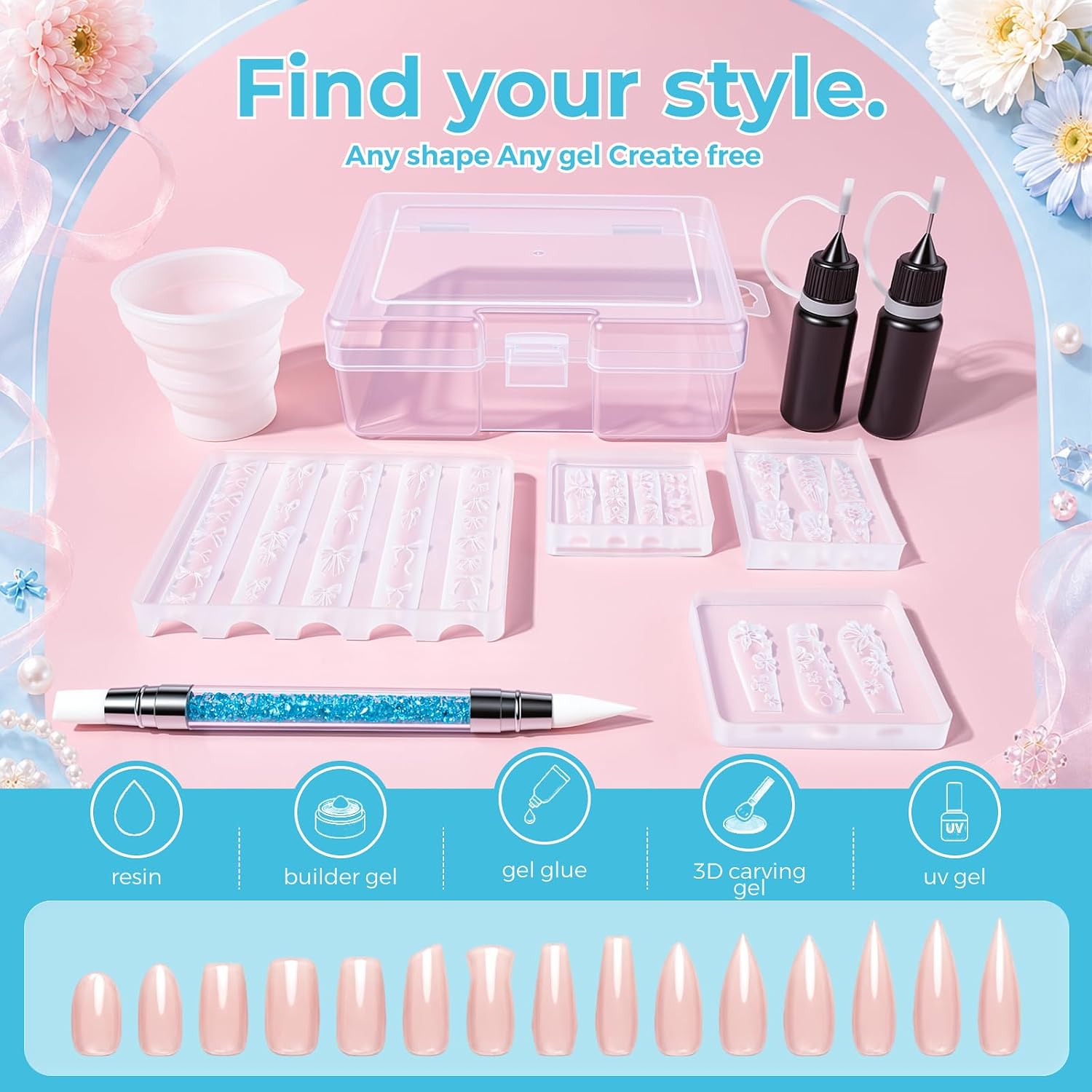 4 Pcs Silicone Nail Art Molds Set with Manual, Useful Tools and Storage box