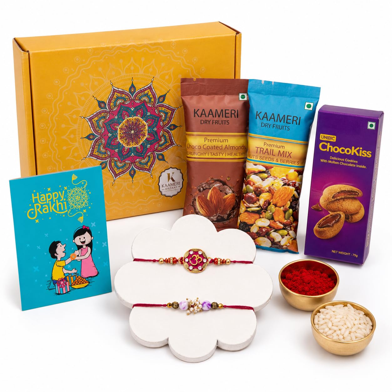 Kaameri Bazaar Rakhshabandhan Chocolate Biscuit Hamper Rakhi Gift for Brother - Rakhi with Dry Fruits and Chocolate Combo Greeting Card, Roli Chawal Pack - Om Lariya Set of 2-image-40