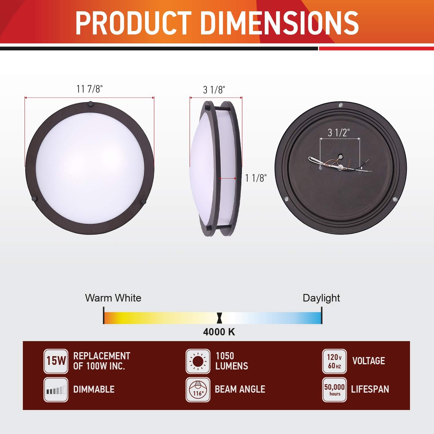 OSTWIN 12 Inch LED Flush Mount Ceiling Light, 15W (120W Equivalent), 1050 Lm, Dimmable Close to Ceiling Light Fixture for Kitchen Hallway Laundry, Oil Rubbed Bronze, 4000K, Energy Star, ETL