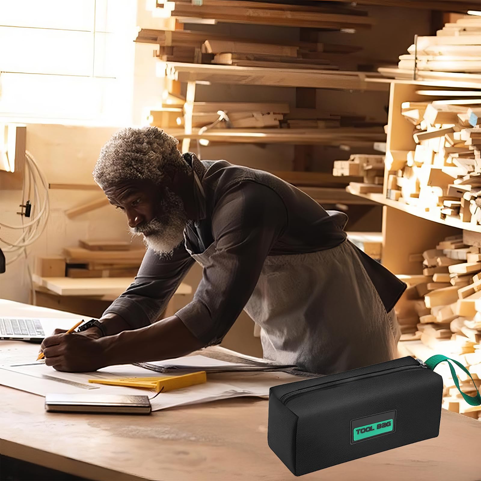 Borsa Porta Attrezzi,Piccola e Portatile,Borsa Attrezzi Lavoro,Multifunzionale con Cerniera per Giardinaggio, Lavoro Esterno e Riporre Oggetti d'Arte Astuccio Attrezzi(Nero + Verde)