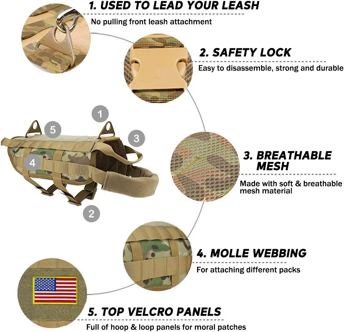 EJG Tactical Dog Harness Vest, with 3 Detachable Pouches, Molle System & self Fasteners Areas, for Service Medium Large Dogs, Military…