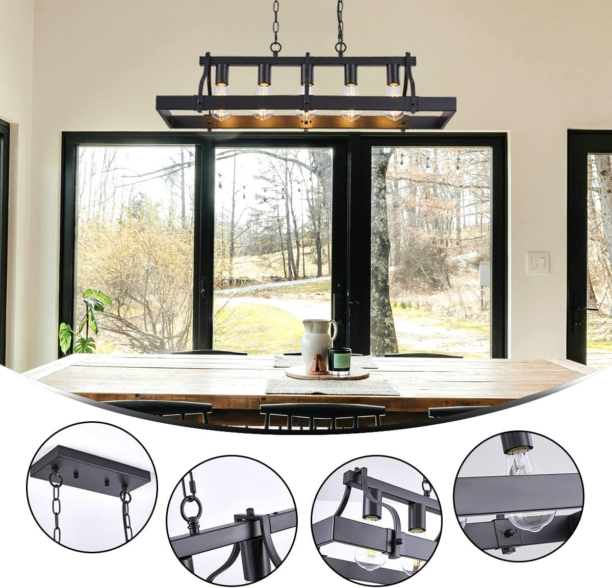 Industrial Black Chandelier for Dining Room, 5-Light Farmhouse Rustic Light Fixture Over Table, Modern Linear Rectangular Kitchen Island Pendant Lighting