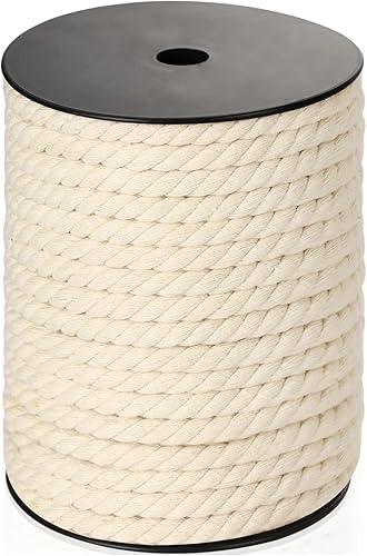 Cuerda de macramé de 0.315in x 33 yardas (99 pies), cuerda de algodón natural  3 hebras de algodón trenzado para colgar en la pared, ganchos de