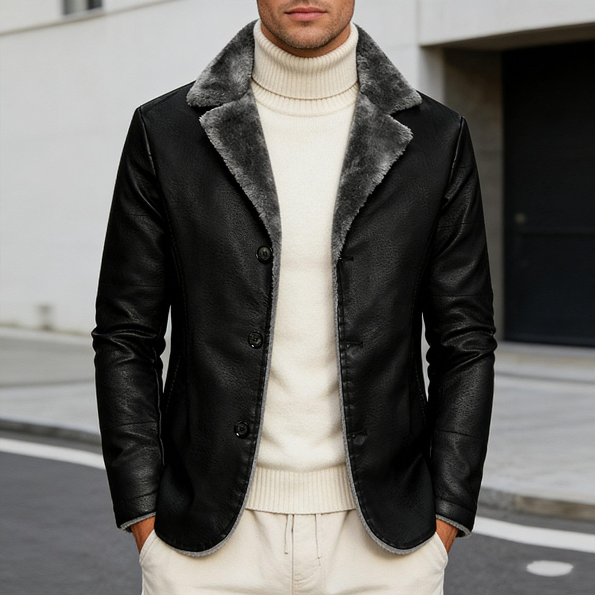 Giacca da uomo in similpelle con collo in pelliccia, lunghezza media, fodera imbottita, caldo cappotto invernale con revers