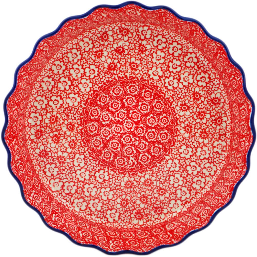 Authentic Polish Pottery 10-inch Fluted Pie Dish made by Ceramika Artystyczna (Magical Red Theme) Signature UNIKAT + Certificate of Authenticity