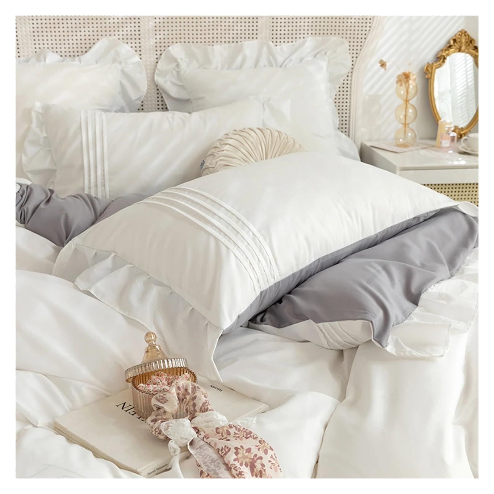 Juego de Cama con Volantes de Encaje, Ropa de Cama Blanca y Gris for niños y niñas, Juego de Funda nórdica de tamaño Completo, Juego de Cama Queen/Queen,Sabanas
