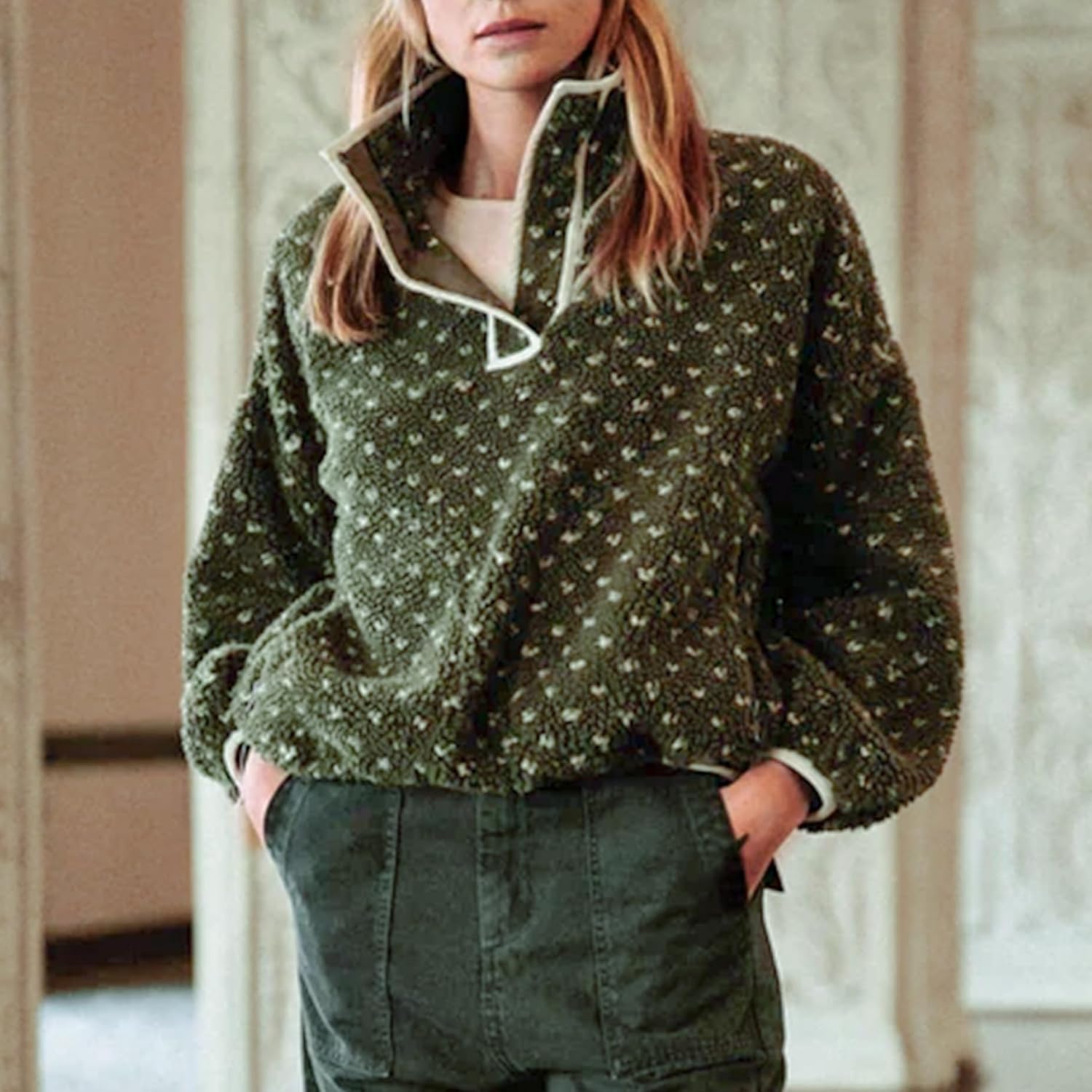 Fuzzy Fleece Jacket Women Long Sleeve Half Button Down Top Casual Sherpa Pullover Sweatshirt Warm Winter Outerwear(Dark-Green,M) - Image 5