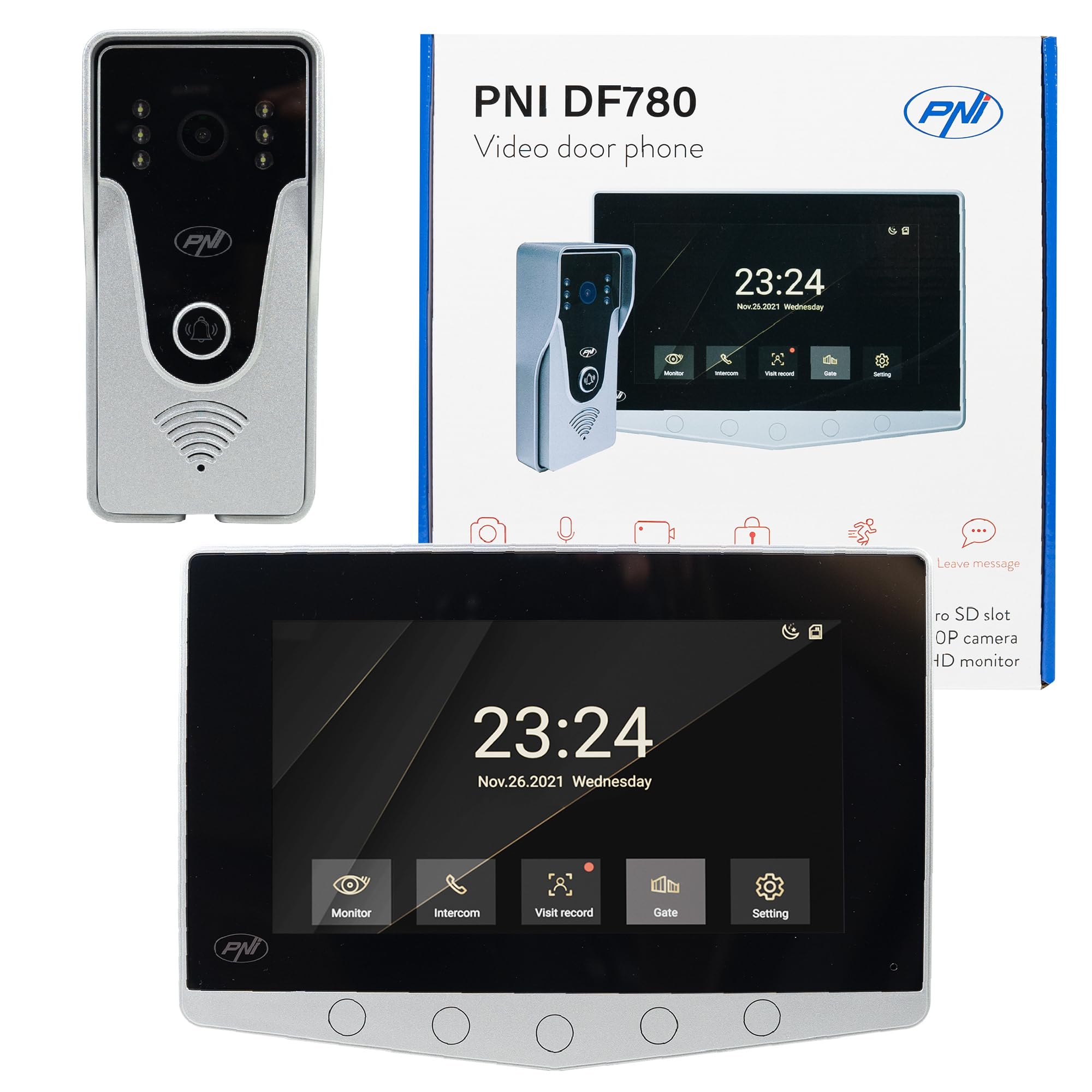 PNI DF780 1 Monitor Videocitofono System, 7" 1080p Touch Screen, Slot per schede, IP65 Supports Serial Connection o 4 Monitor, 2 Unità Esterne e 2 Telecamere CCTV