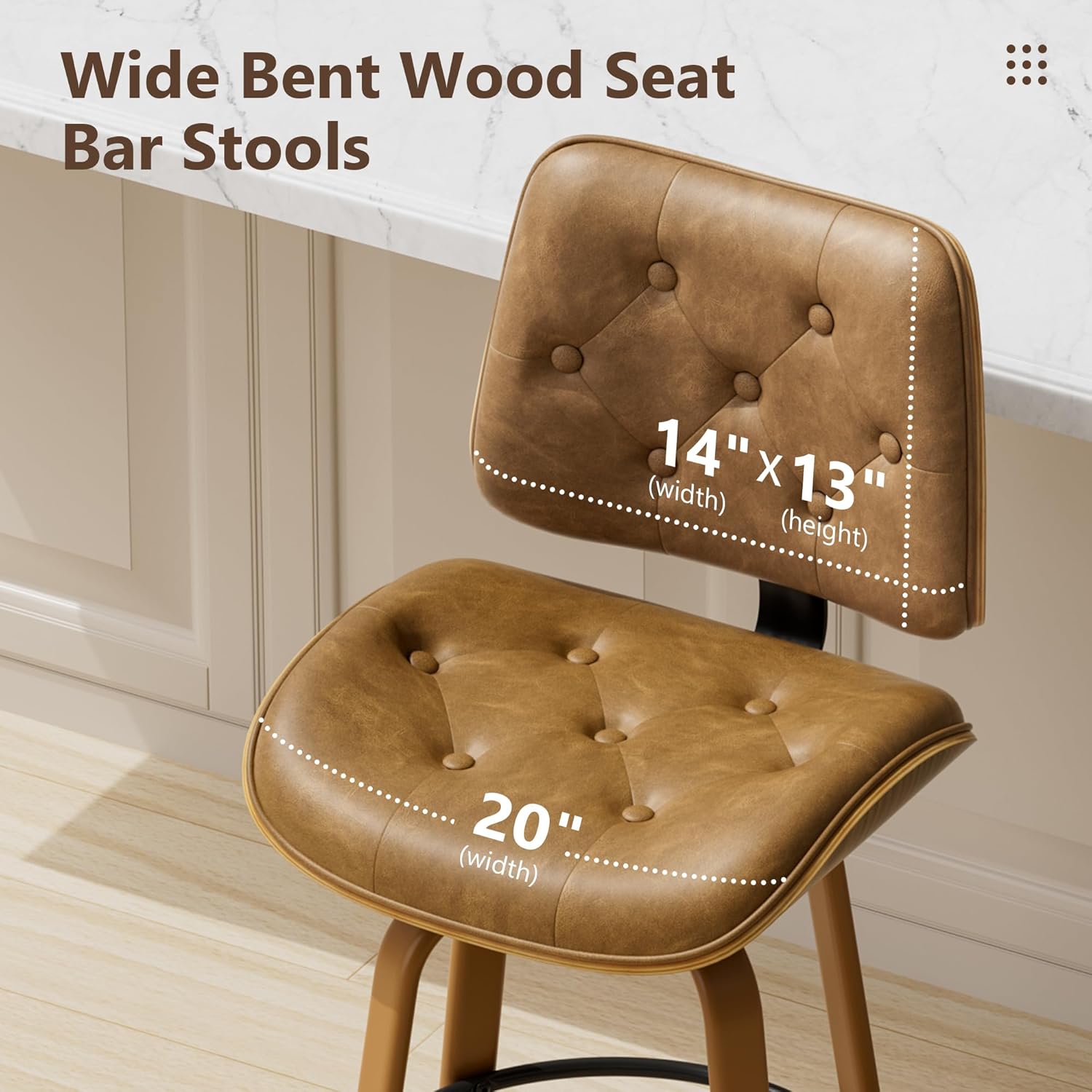 HomeZeer Brown Bar Stools Set of 2, 26 Inch Counter Height Stools for Kitchen Island, Swivel Barstools with Bentwood Back and Metal Legs, Button Tufted Leather