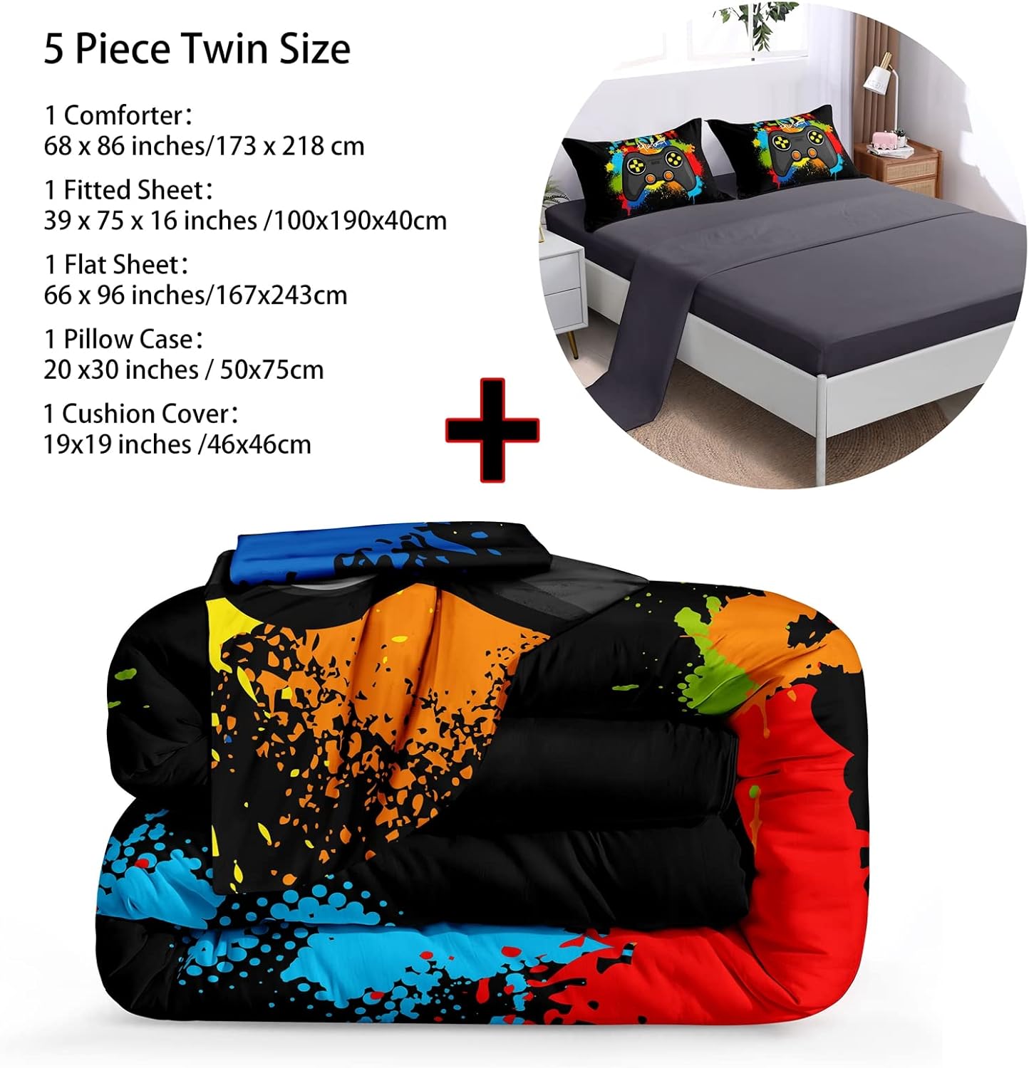 BDUCOK Gamer Comforter Set Gaming Twin Size,Video Game Controller Comforter for Boys Kids Adult 3D Gamepad Microfiber Bedding Sets 5 Pieces Bed in A Bag Sets30019,Twin - Image 3