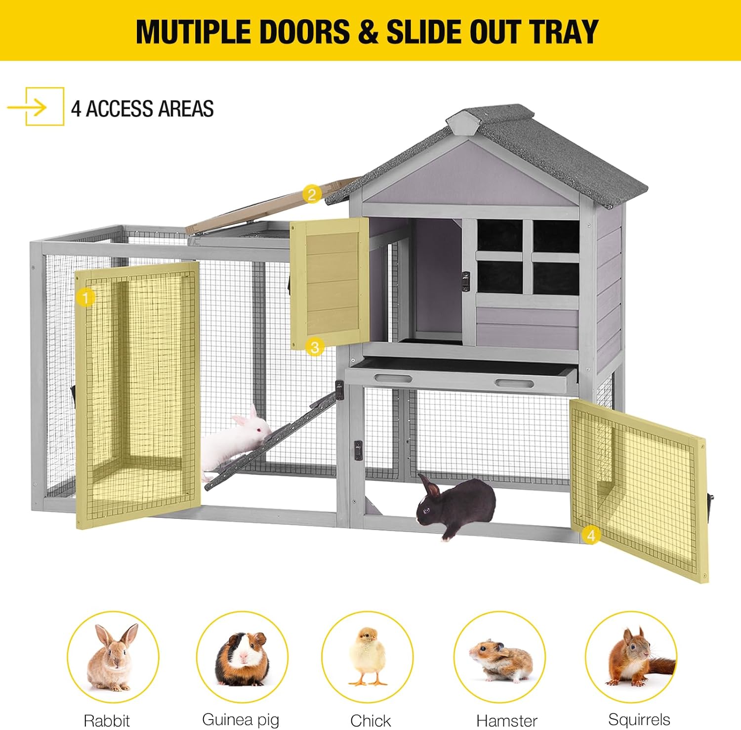 Aivituvin 51.6''L Rabbit Hutch Outdoor Chicken Coop Indoor Bunny Cage with Run,Guinea Pig House Pull Out Upper Tray 51.6" L x 25.2" W x 36.2" H (Grey)
